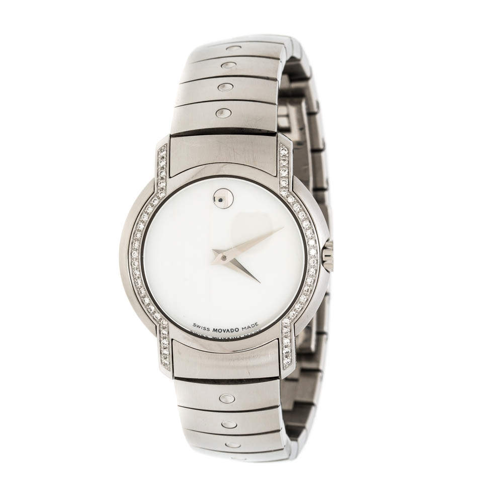 Pre Owned Movado White Mother of Pearl Stainless Steel Diamonds SL 84 G4 1832 S Women's Wristwatch 28mm