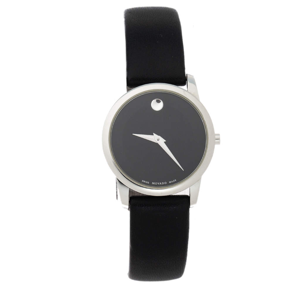 Pre Owned Movado Black Stainless Steel Leather Museum 07.3.14.1143 Women's Wristwatch 28 mm