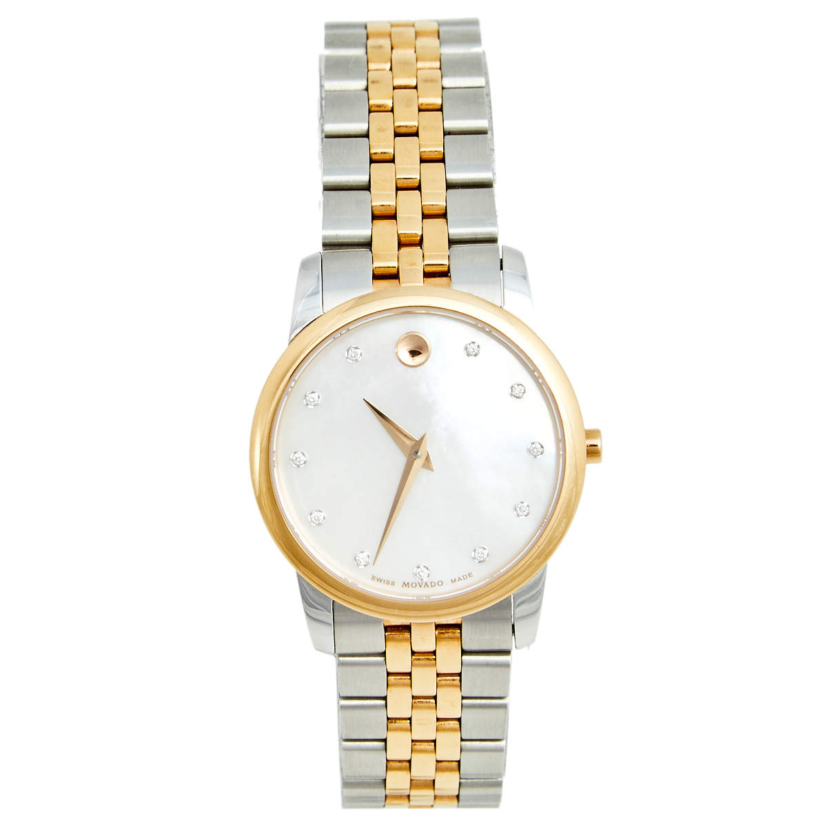 Pre Owned Movado Mother of Pearl Diamond Two Tone Stainless Steel Museum 607209 Women's Wristwatch 28 mm