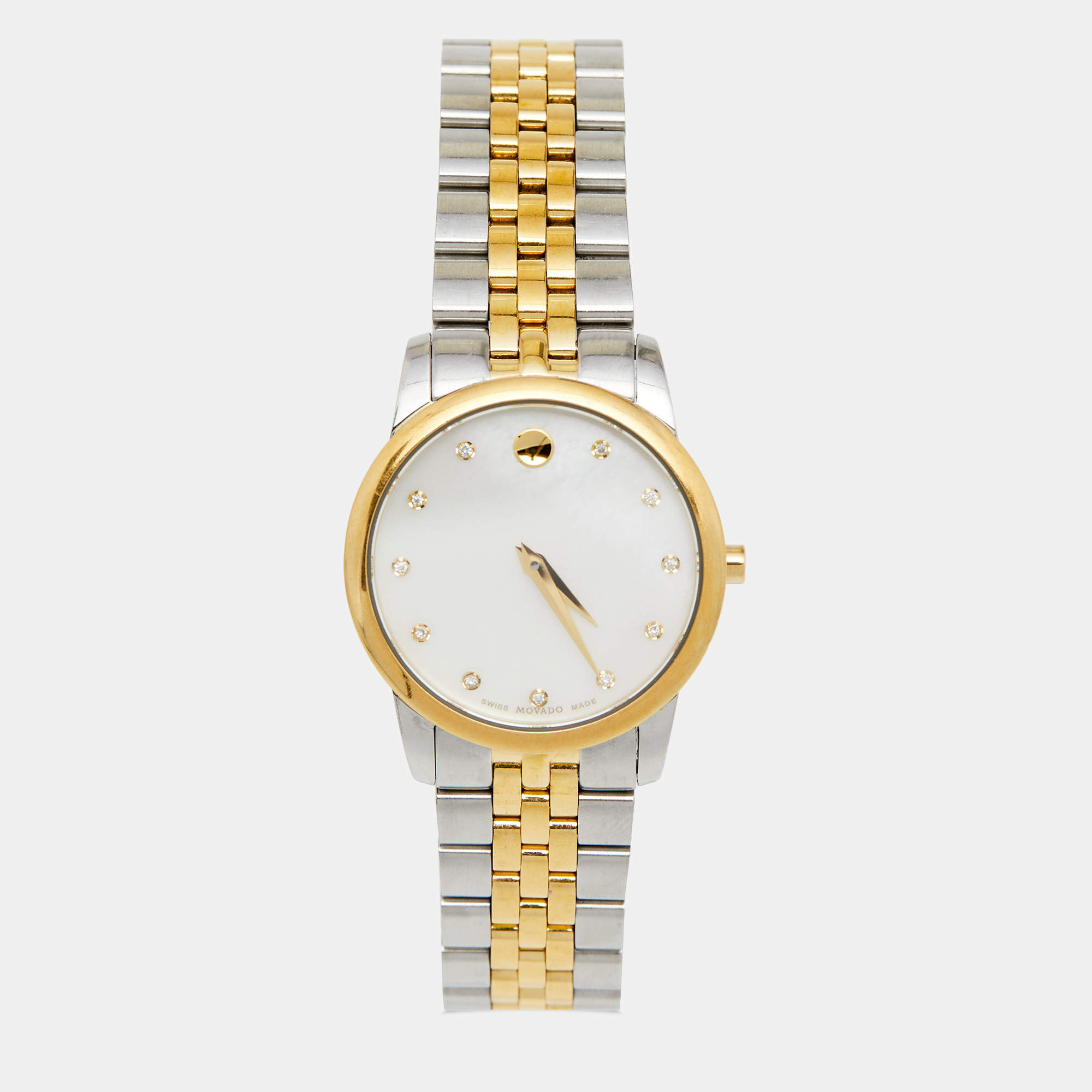 Pre Owned Movado Mother of Pearl Two Tone Stainless Steel Museum 07.3.20.1201 Women's Wristwatch 28 mm