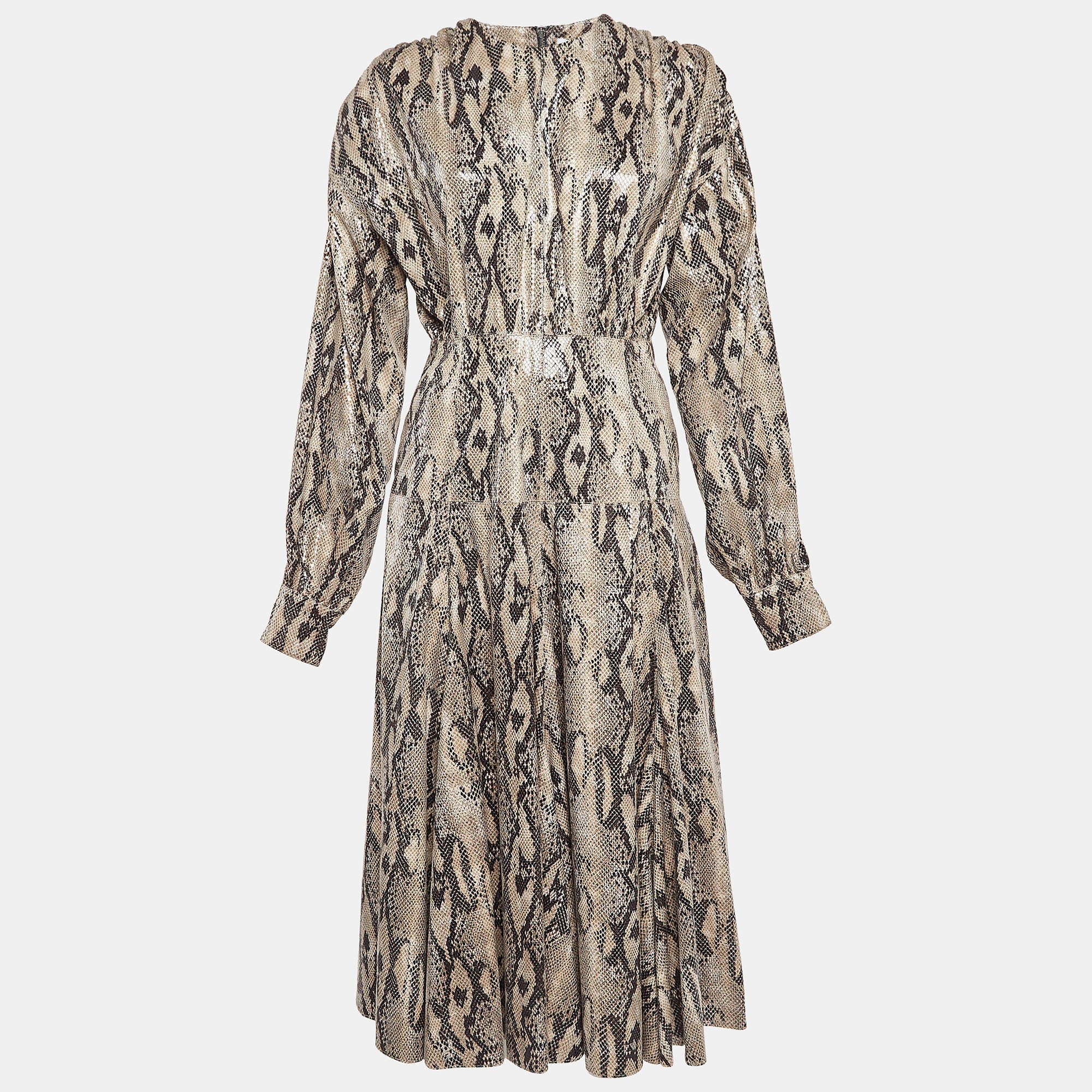 MSGM Brown Python Skin Pattern Faux Leather Midi Dress M