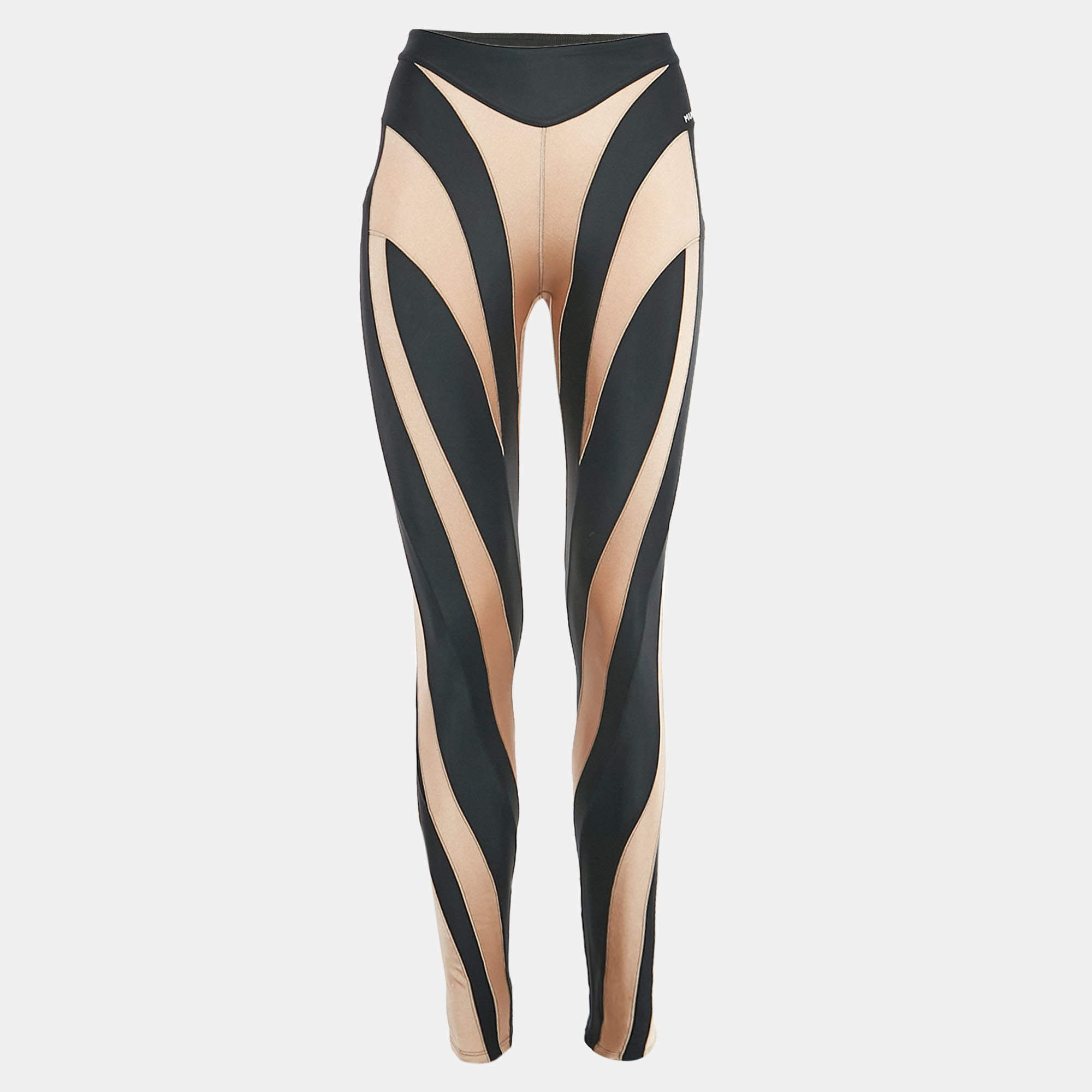 Mugler Tan/Black Paneled Jersey Spiral Leggings M