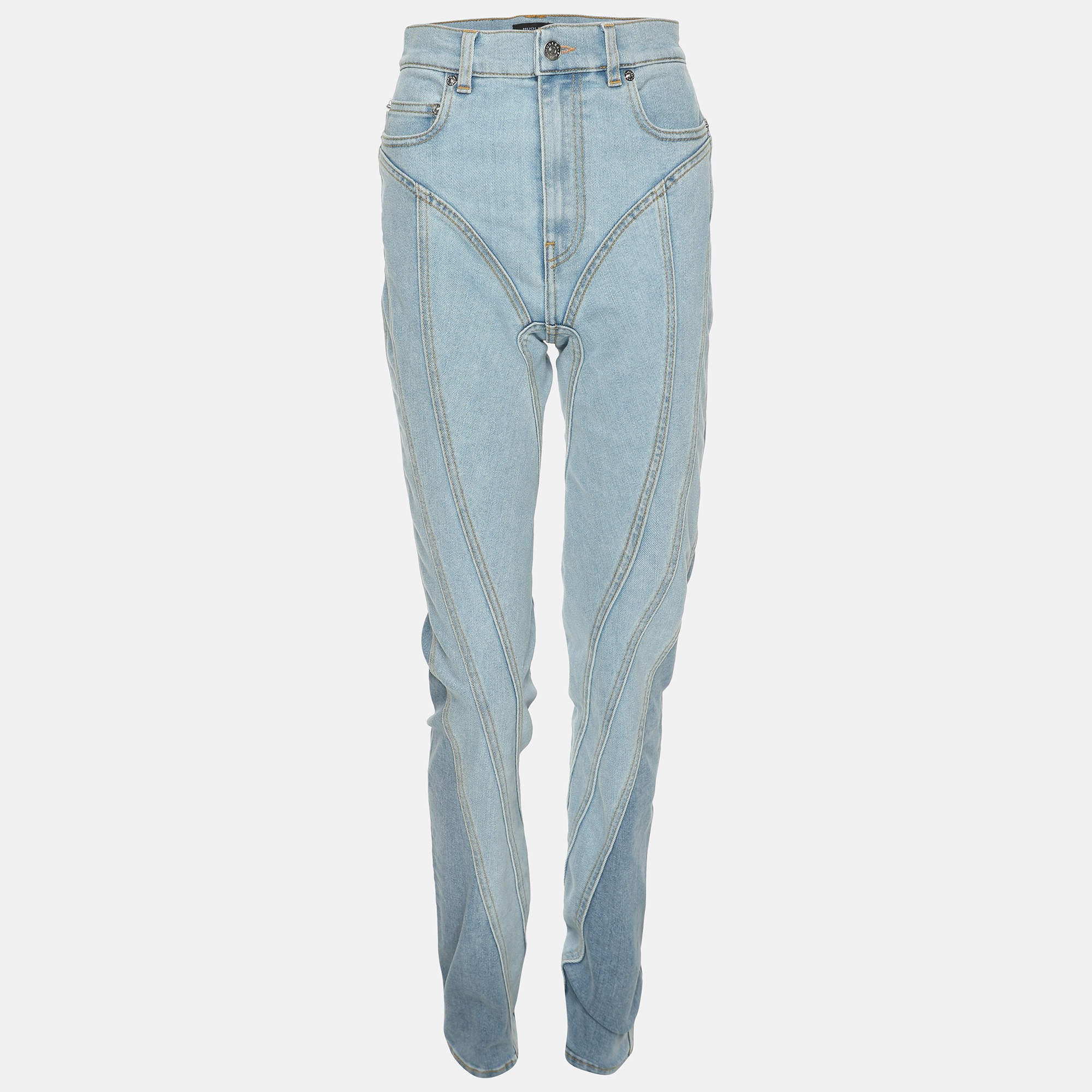 MUGLER Blue Denim Panelled Skinny Jeans M