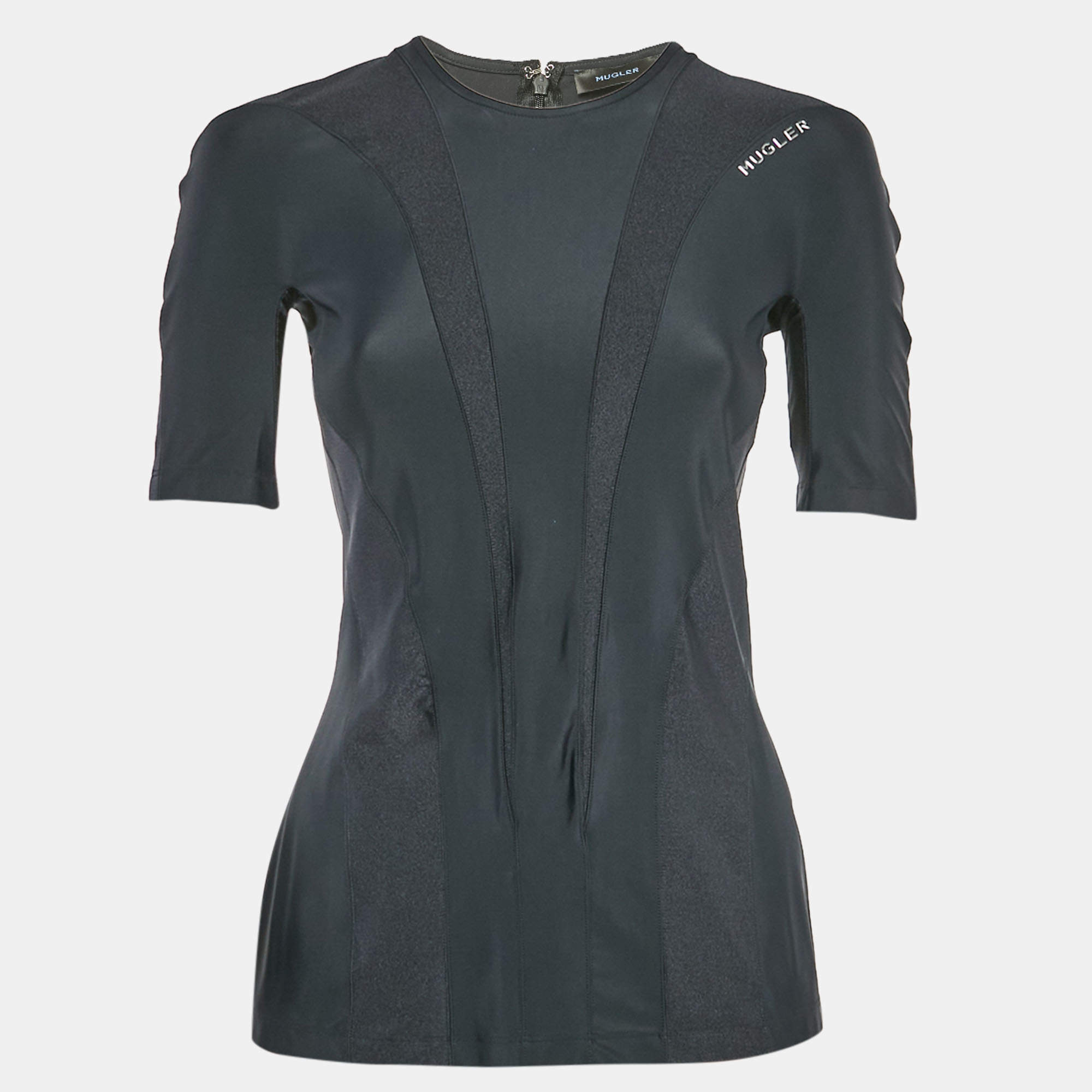 Mugler Black Technical Jersey Paneled Top M