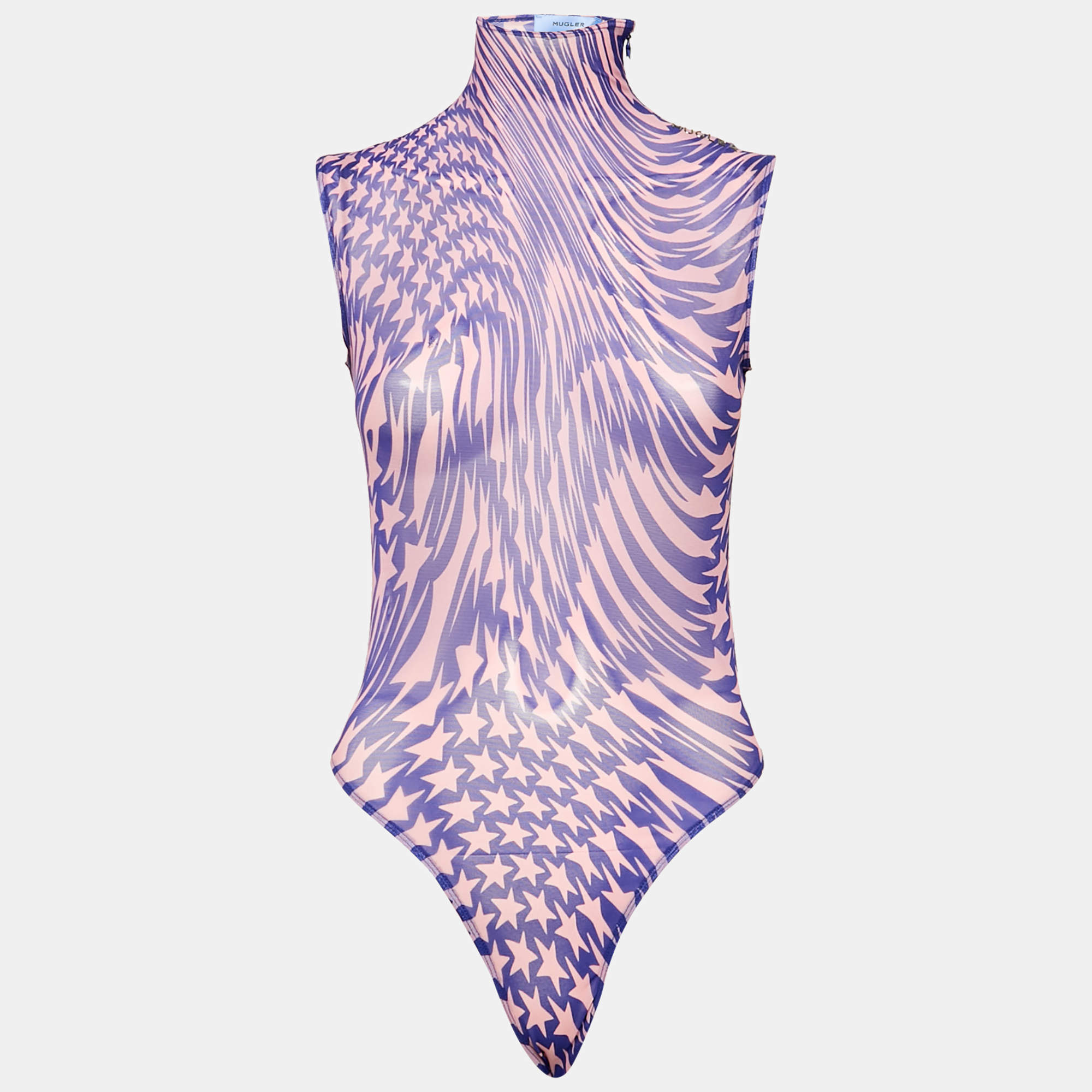 Pre Owned Mugler Pink/Blue Star Print Mesh Bodysuit S