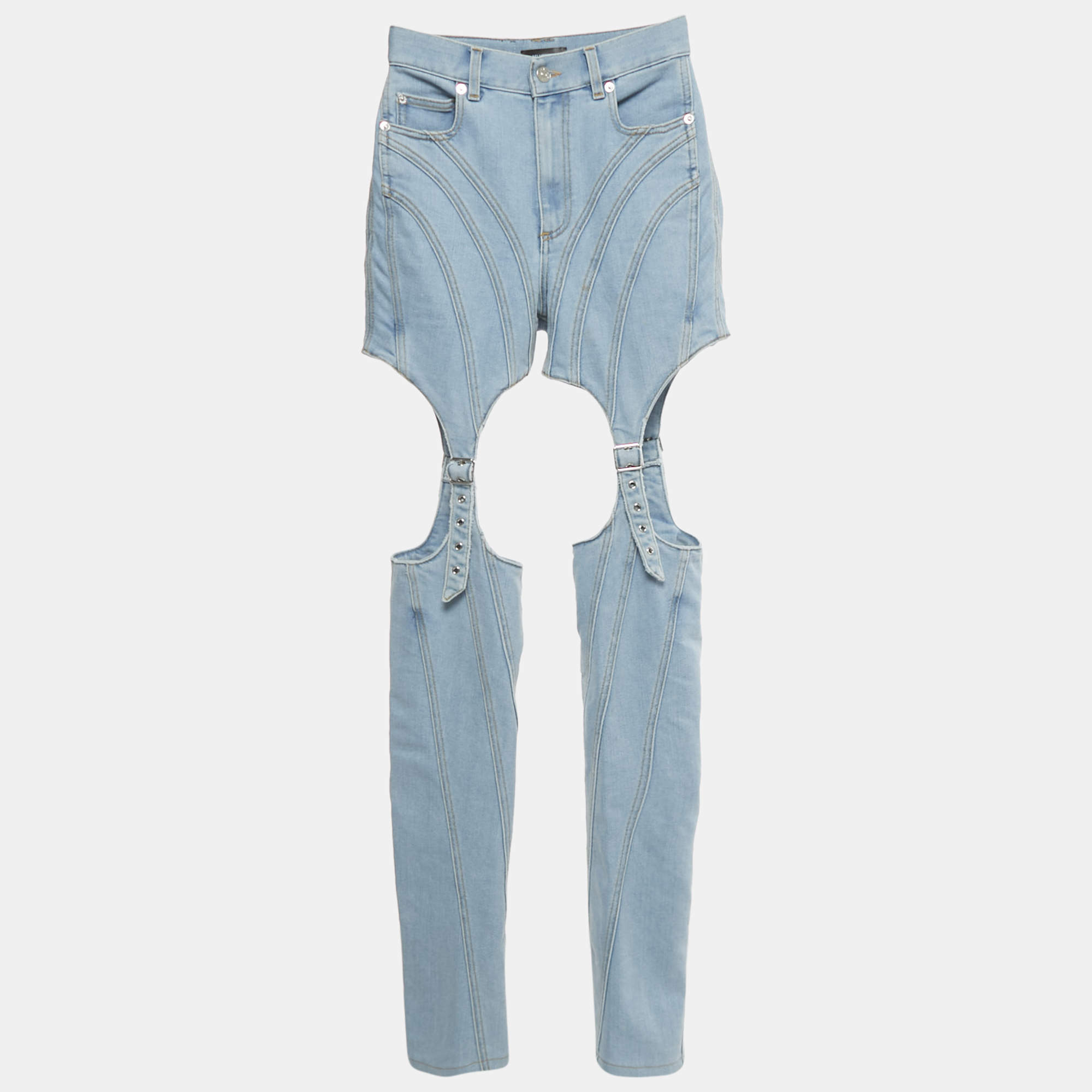 Pre Owned Mugler Blue Denim Cut-Out High Waist Denim Jeans S Waist 26"