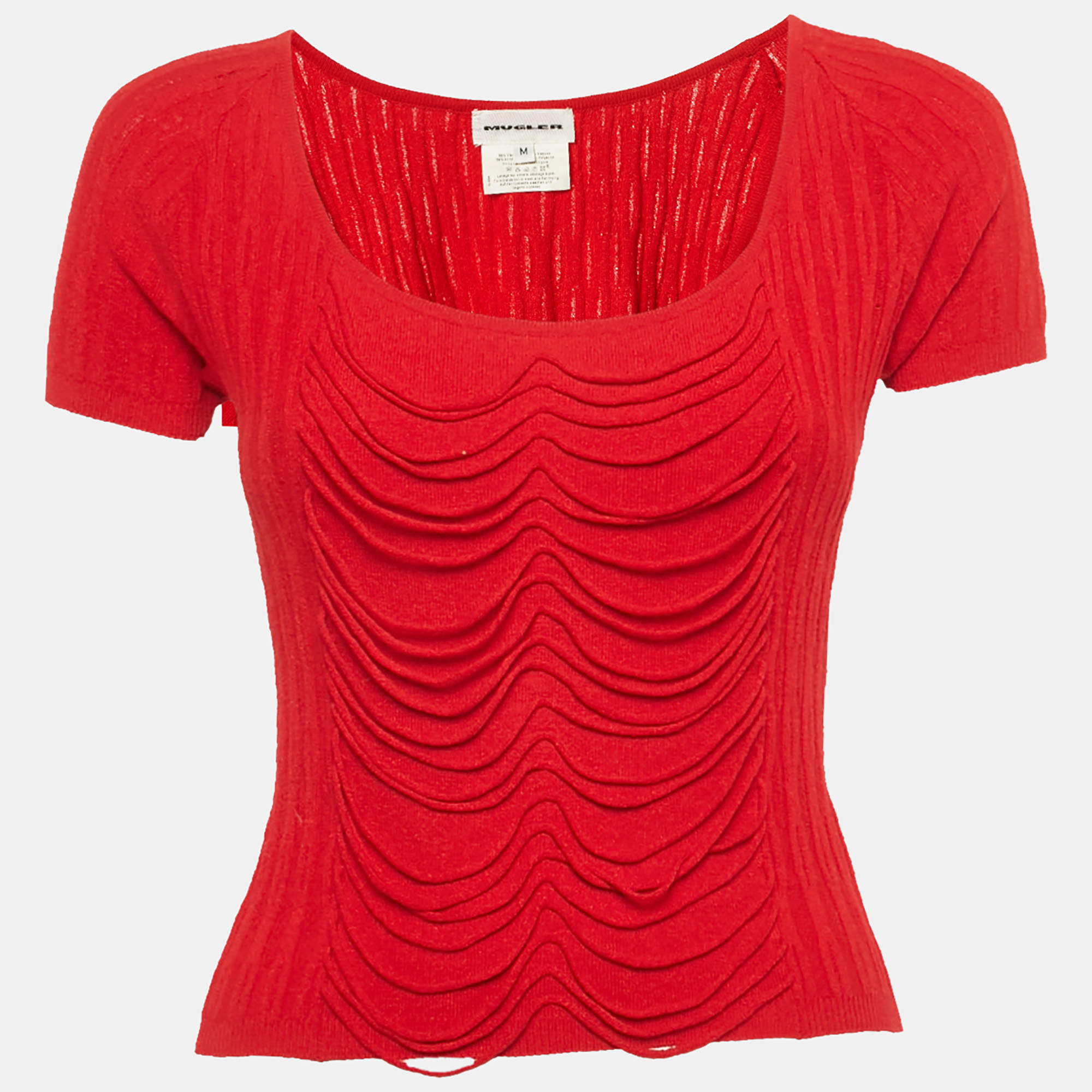 Pre Owned Mugler Red Rib Knit Short Sleeve Top M