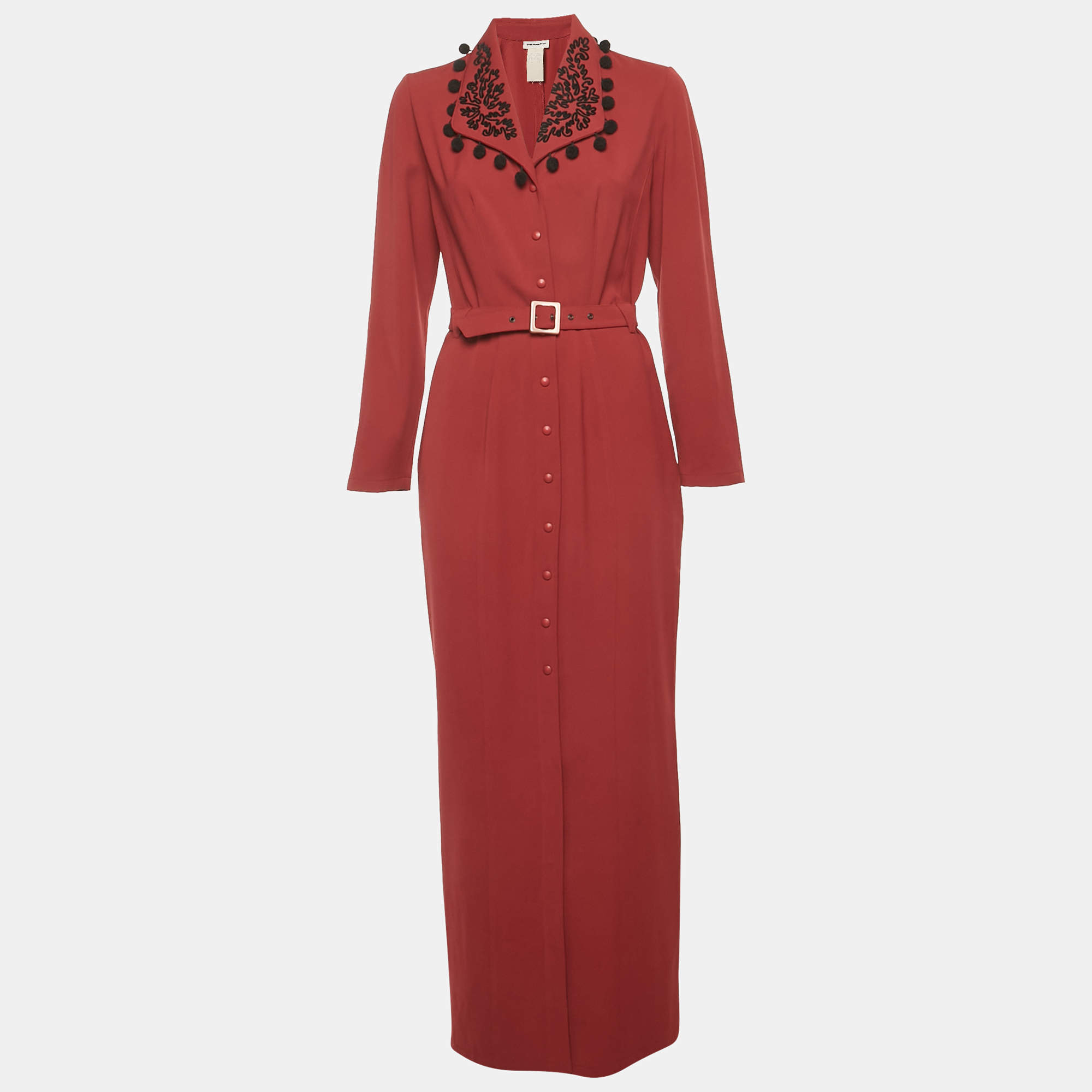 Pre Owned MUGLER Maroon Embroidered Collar Crepe Belted Maxi Dress L 