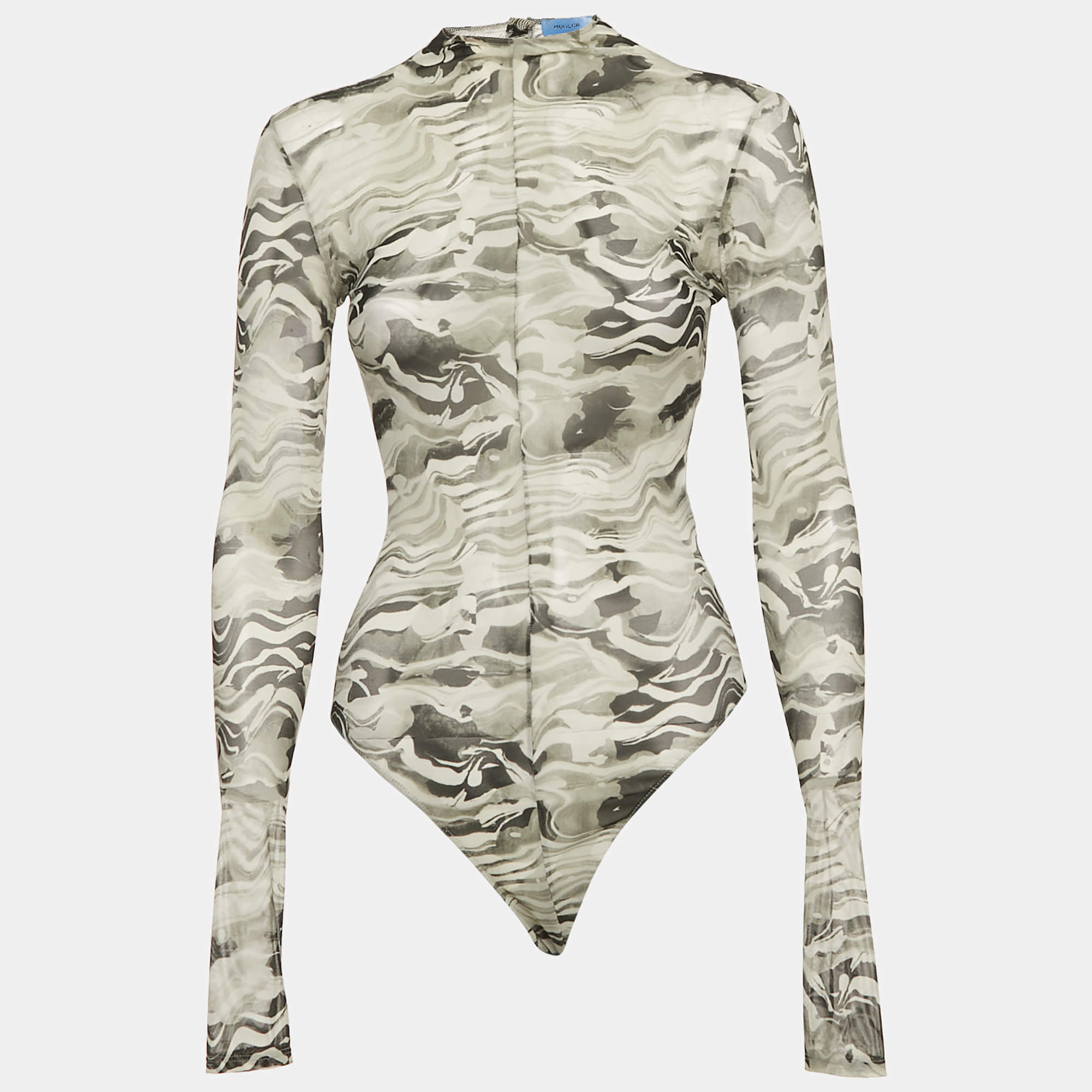 Pre Owned Mugler Grey Camouflage Print Mesh Bodysuit L