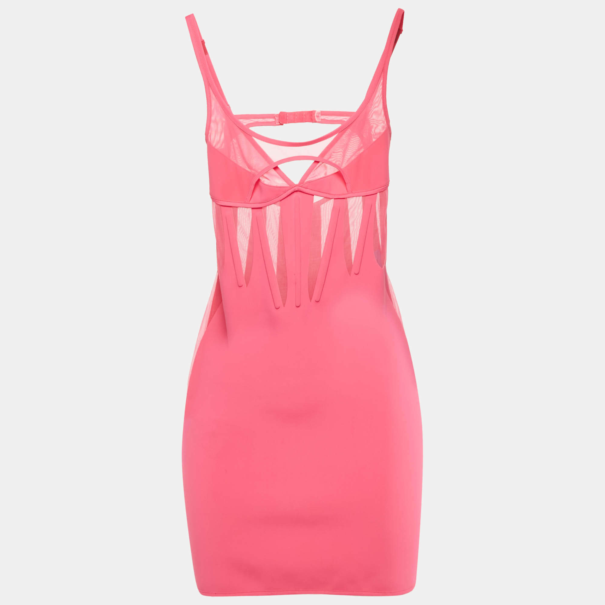 Pre Owned Mugler Pink Techno Jersey Mesh Detailed Mini Corset Dress S