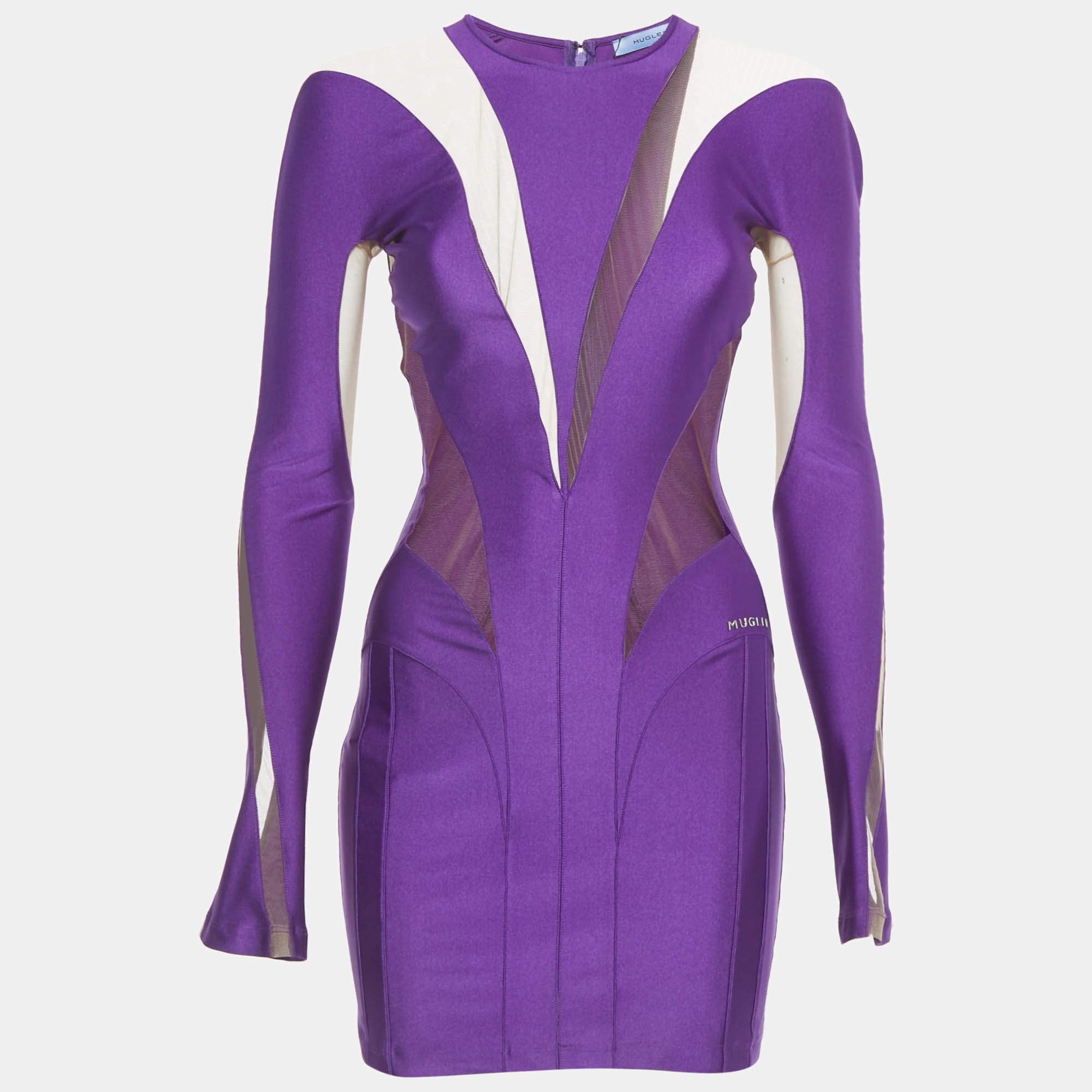 Pre Owned Mugler Purple Jersey and Tulle Mini Bodycon Dress S
