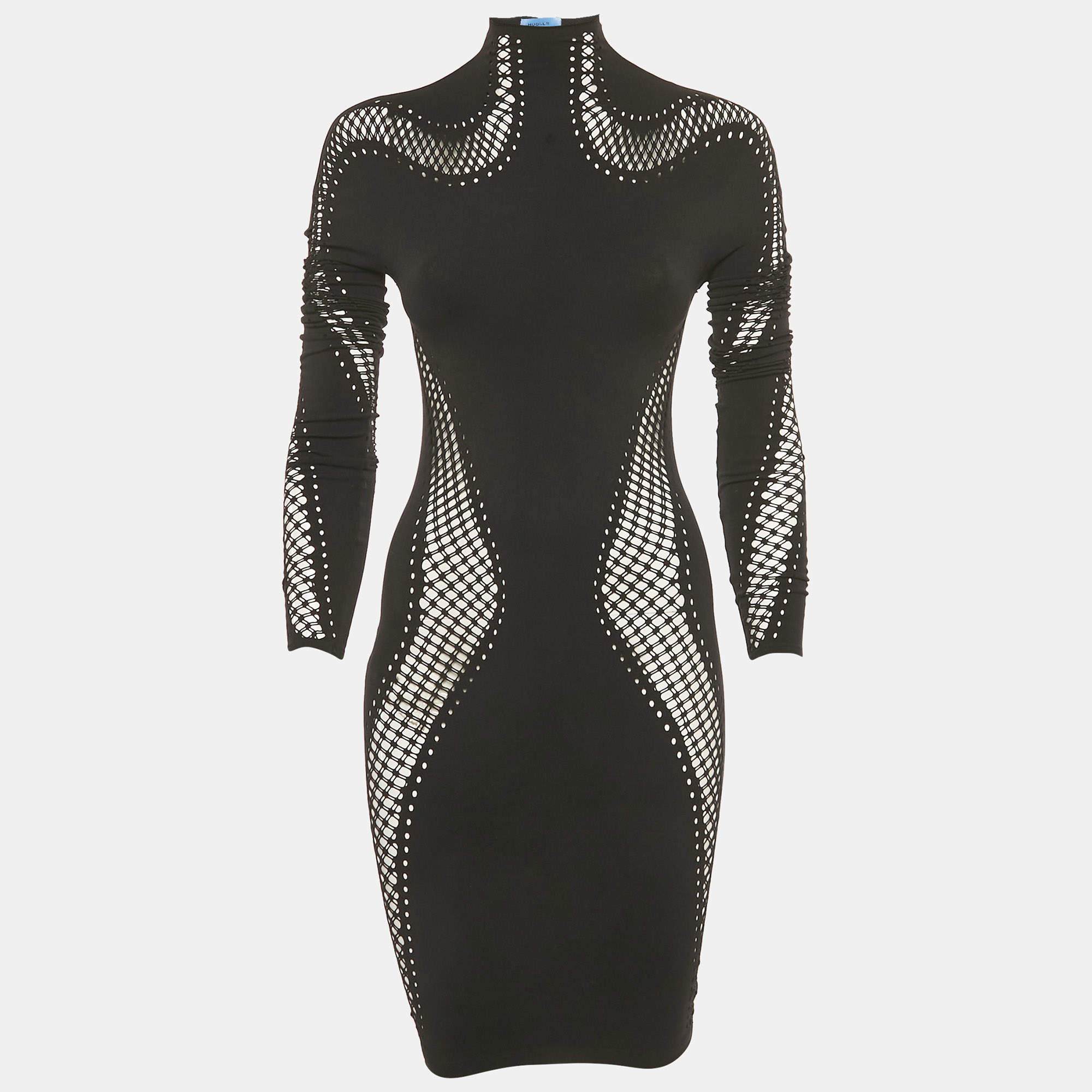 Pre Owned Mugler Black Nylon Knit Perforated Detail High Neck Bodycon Dress S