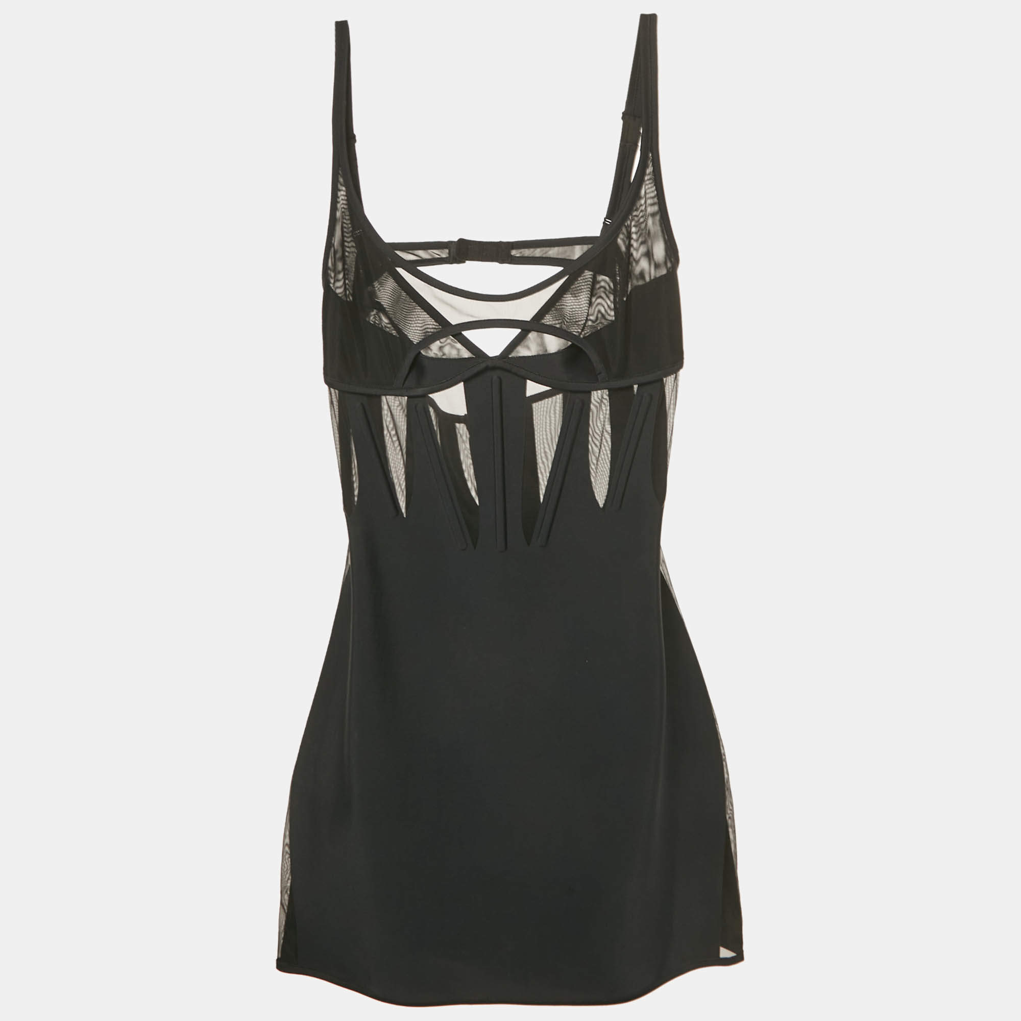 Pre Owned MUGLER Black Stretch Crepe Mesh Cut -Out Detail Corset Mini Dress M