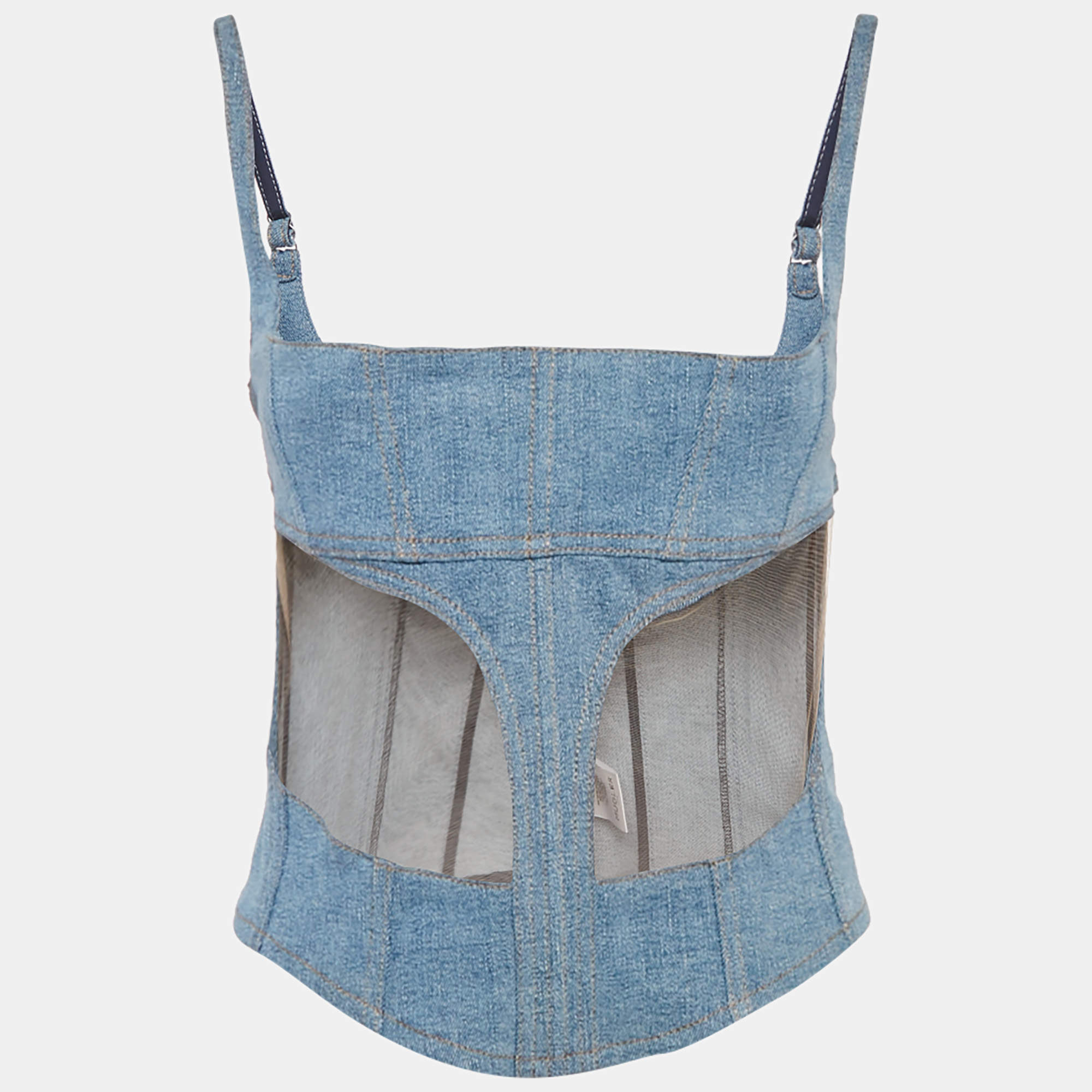 Pre Owned Mugler Blue Tulle Trim Denim Corset Top L