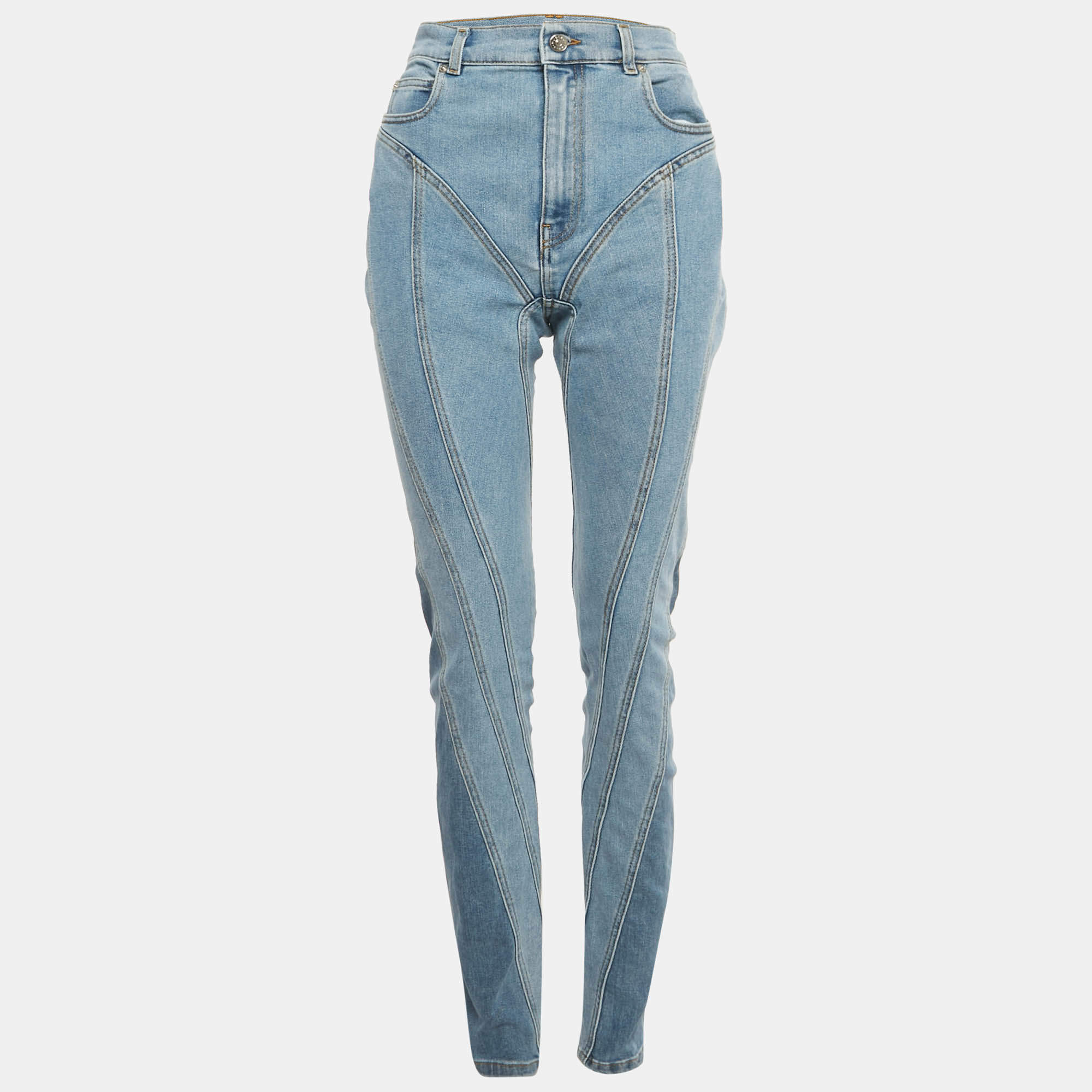 Pre Owned MUGLER Blue Paneled Denim High-Rise Jeans M/Waist 30"