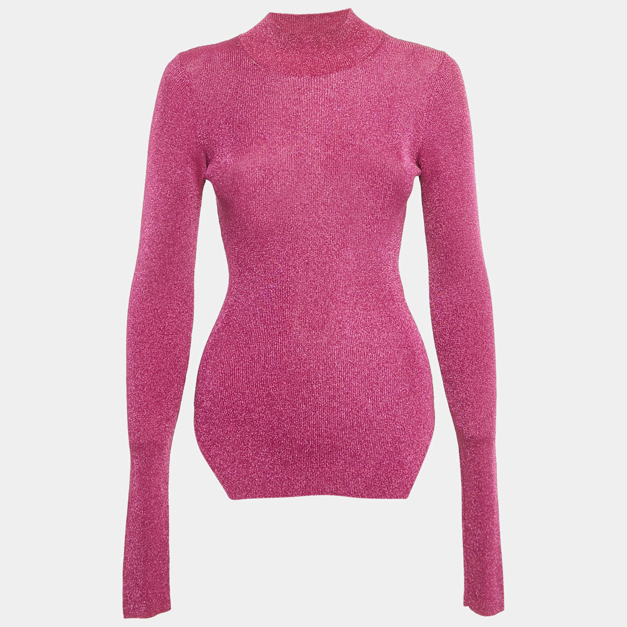 مملوكة مسبقًا Mugler Pink Lurex Rib Knit Mock Neck Pullover S
