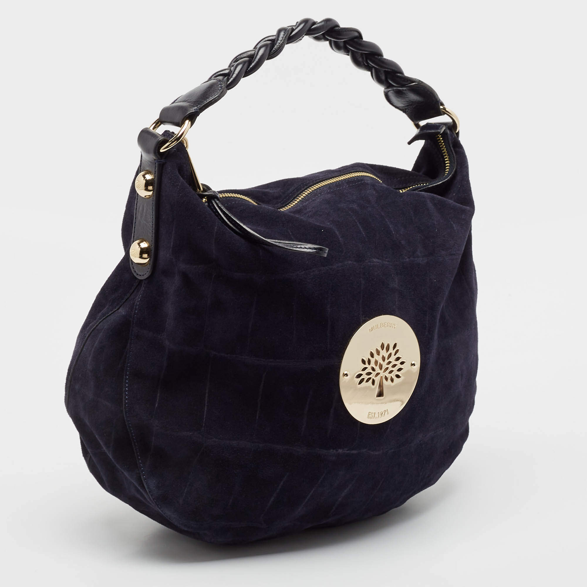 Pre Owned Mulberry Navy Blue Leather and Croc Embossed Suede Daria Hobo