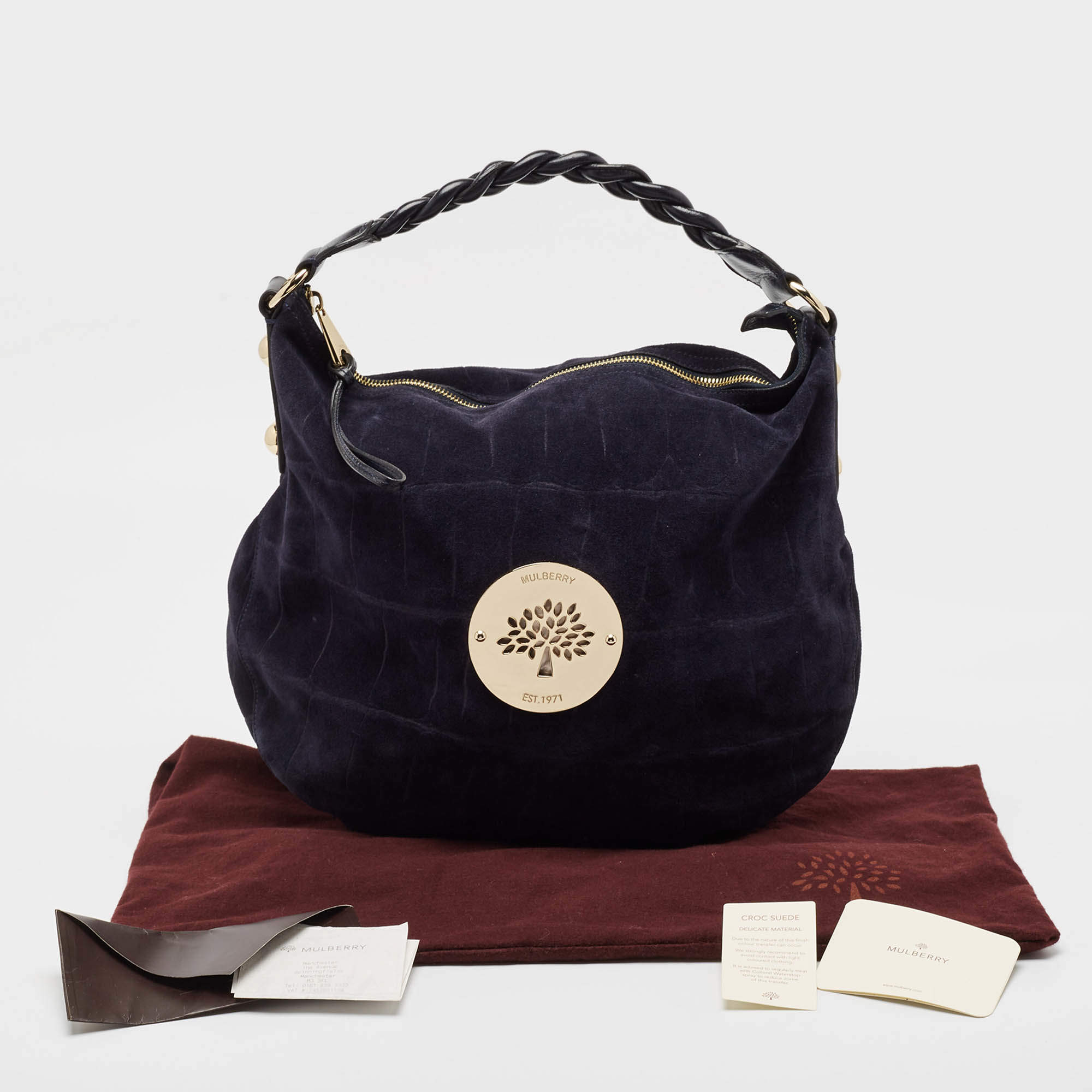 Pre Owned Mulberry Navy Blue Leather and Croc Embossed Suede Daria Hobo