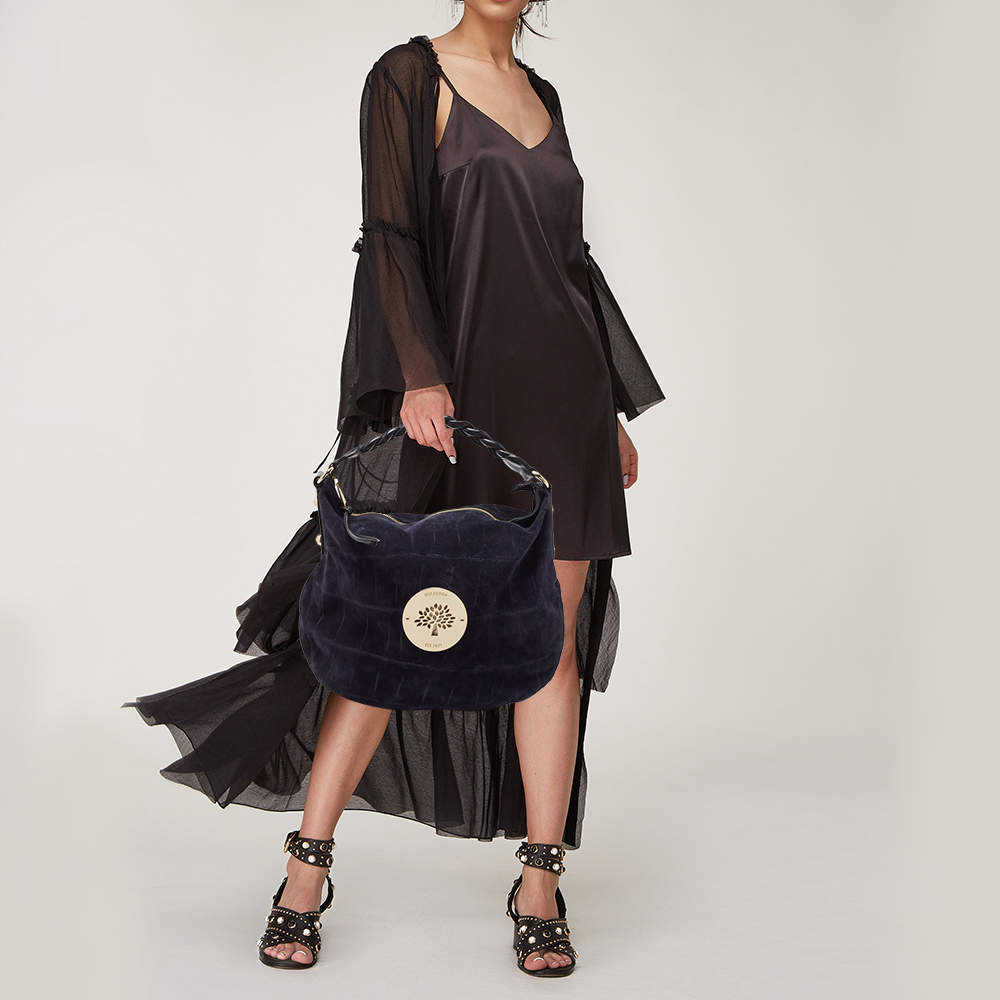 Pre Owned Mulberry Navy Blue Leather and Croc Embossed Suede Daria Hobo