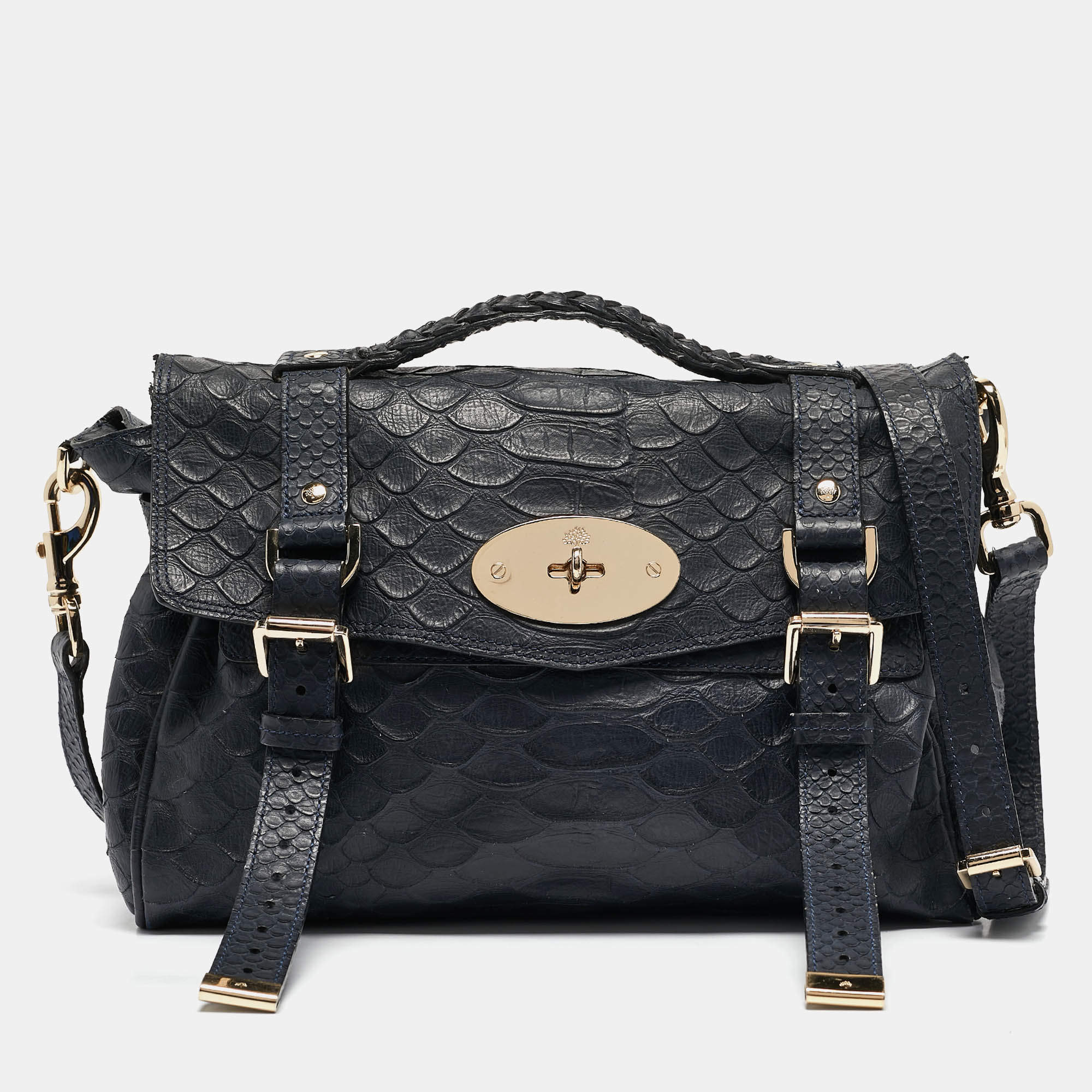 Mulberry Navy Blue Python Embossed Leather Alexa Satchel