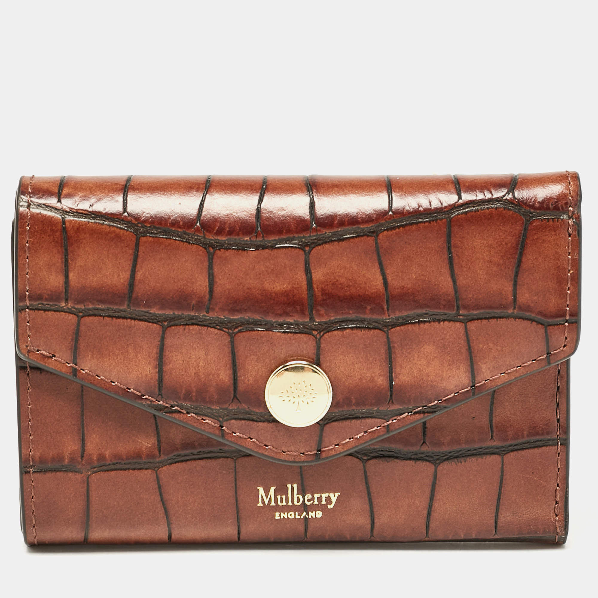 Mulberry Brown Croc Embossed Leather Trifold Wallet