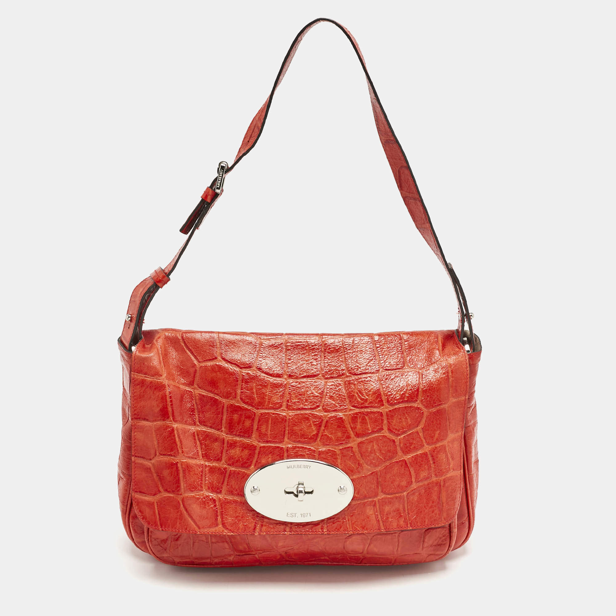Mulberry Red Croc Embossed Leather Bayswater Flap Shoulder Bag