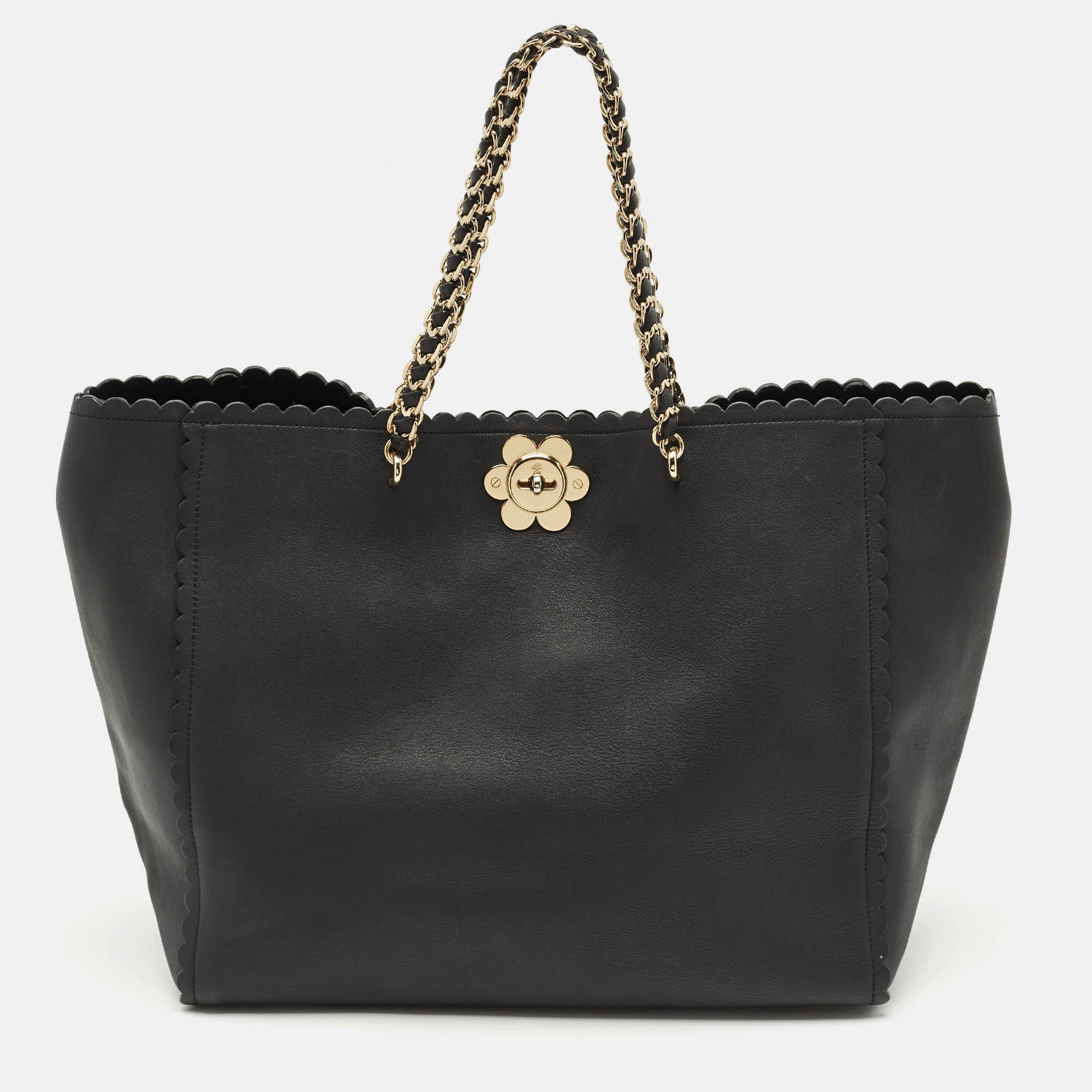 Pre Owned Mulberry Black Leather Large Flower Cecily Tote