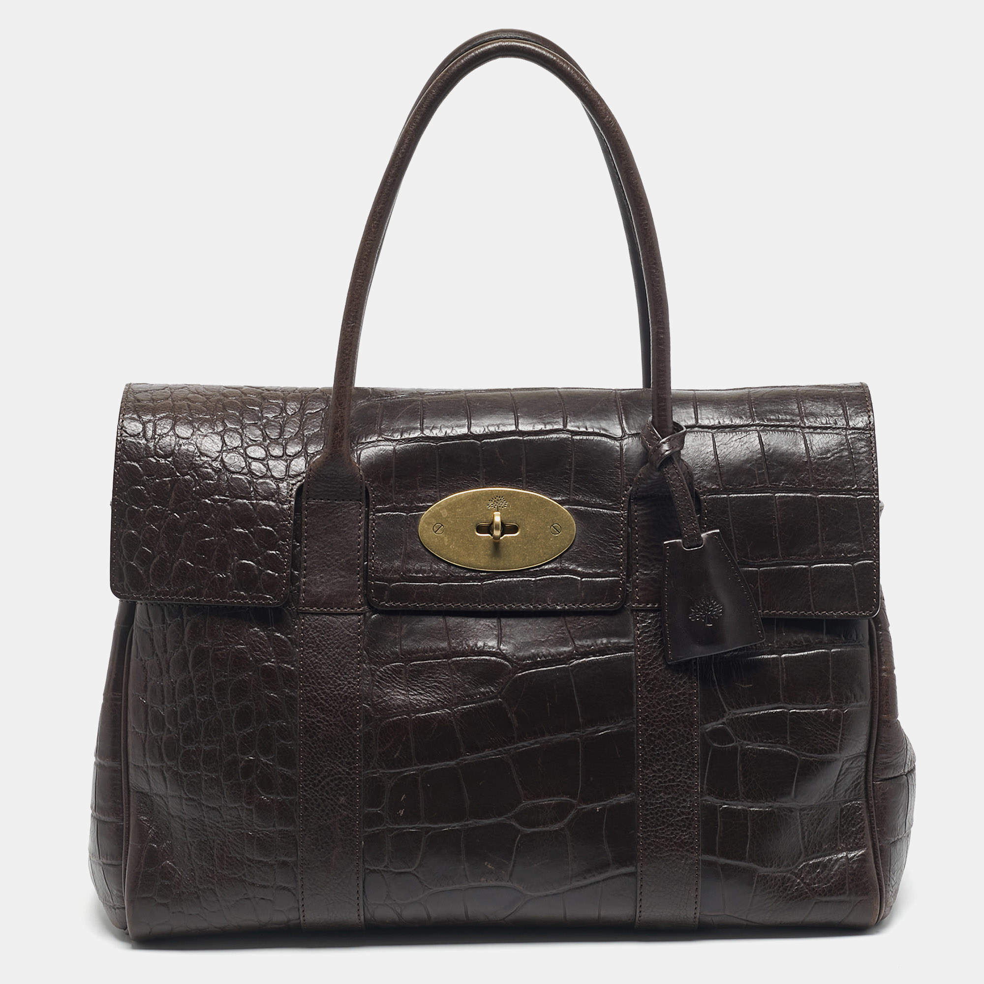 Pre Owned Mulberry Dark Brown Croc Embossed Leather Bayswater Satchel