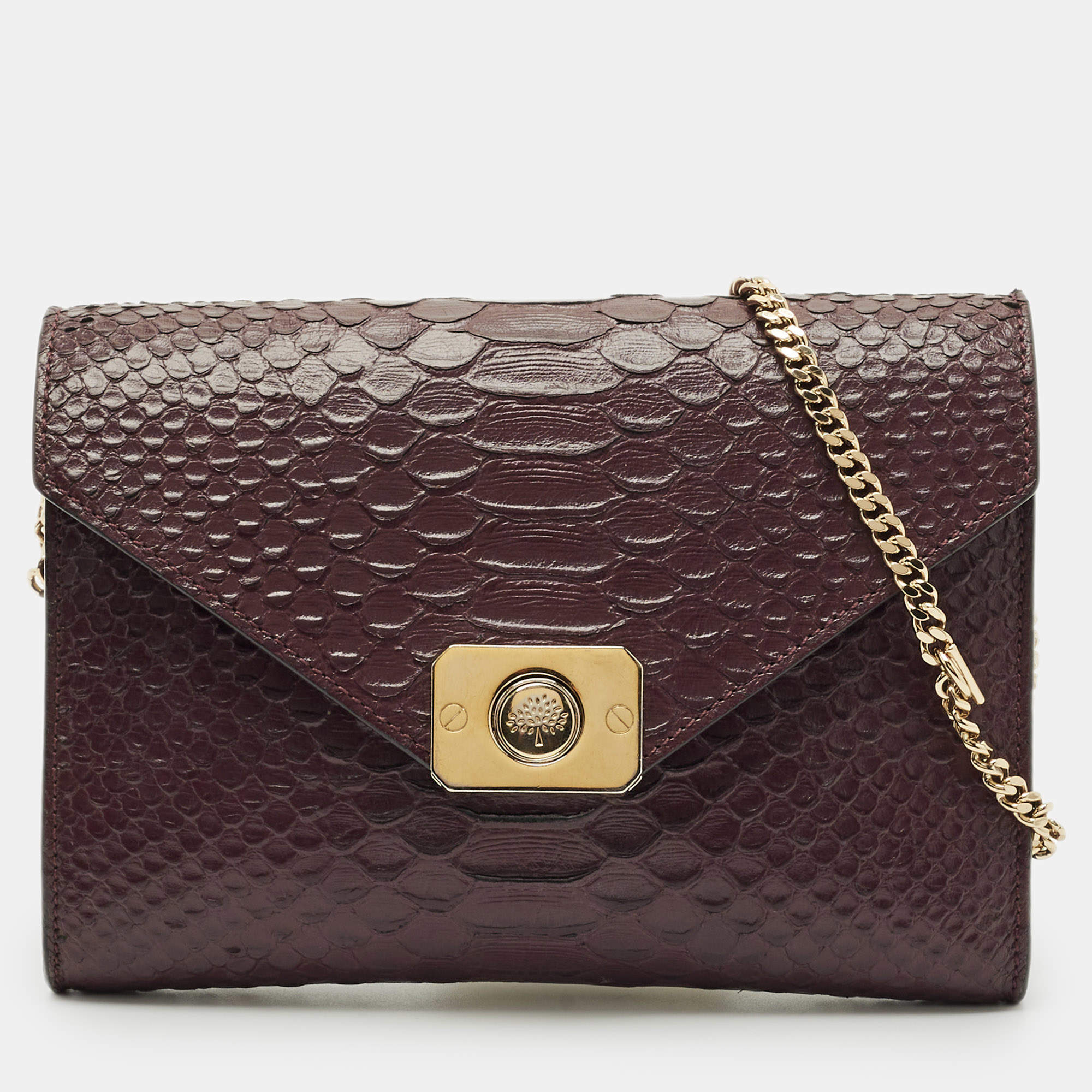 Pre Owned Mulberry Burgundy Python Embossed Leather Delphie Duo Chain Shoulder Bag