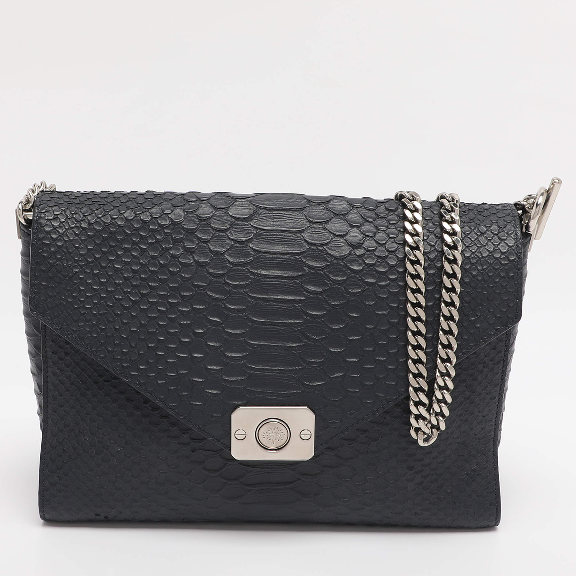 Pre Owned Mulberry Navy Blue/ Turquoise Snakeskin Embossed Leather Delphie Duo Flap Shoulder Bag