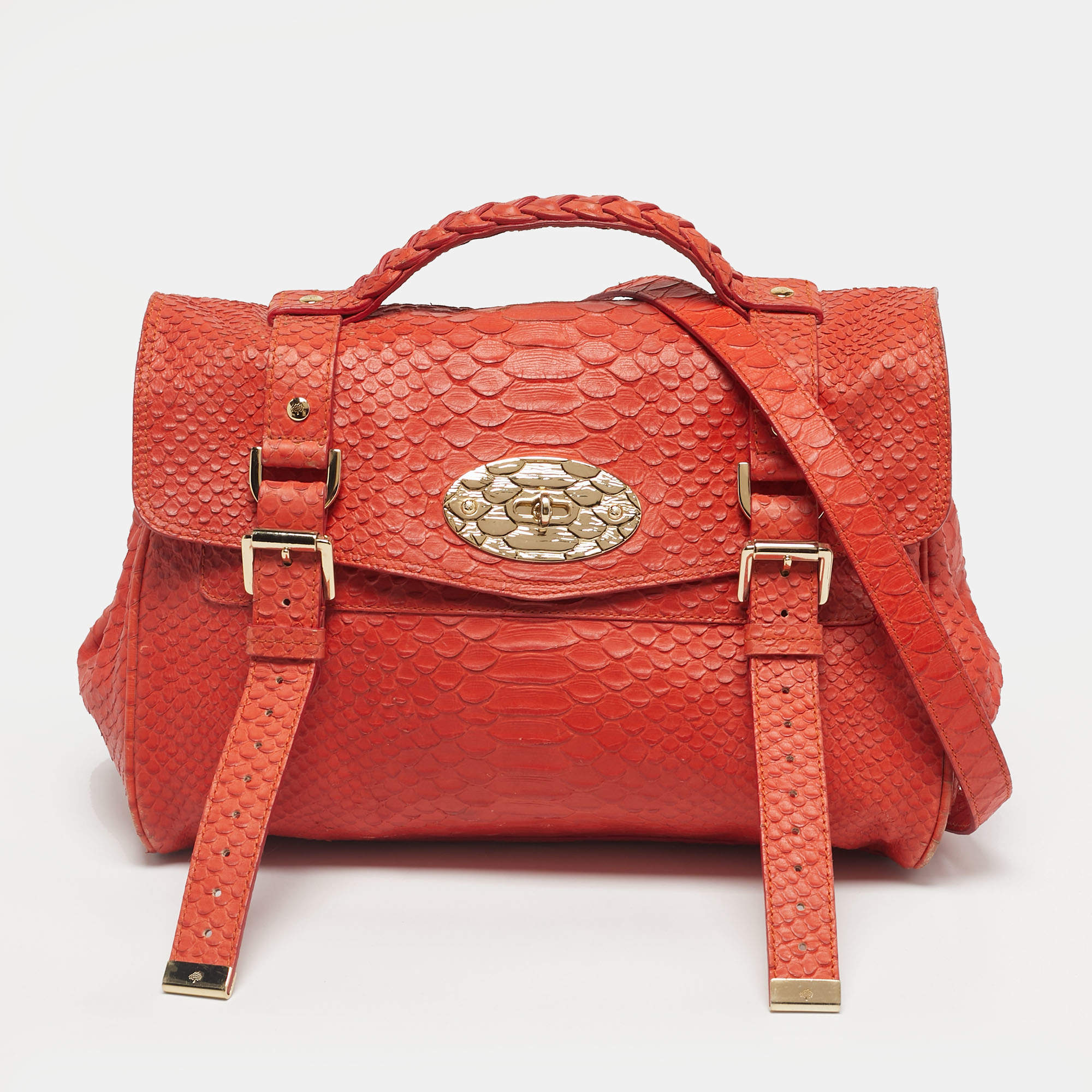 Pre Owned Mulberry Orange Python Embossed Leather The Alexa Satchel