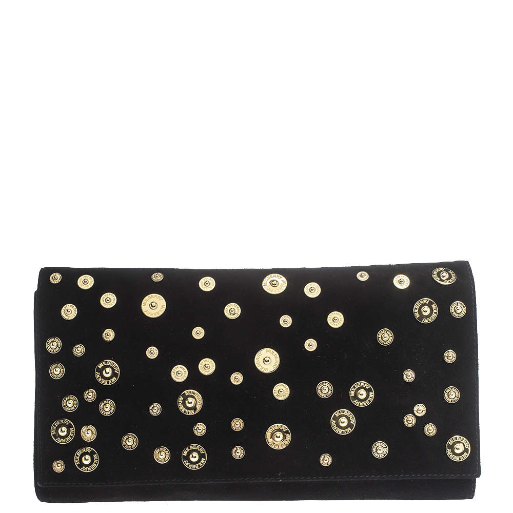 Pre Owned Mulberry Black Suede Studded Flap Clutch