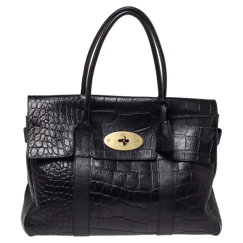 Pre Owned Mulberry Black Croc Embossed Leather Bayswater Satchel