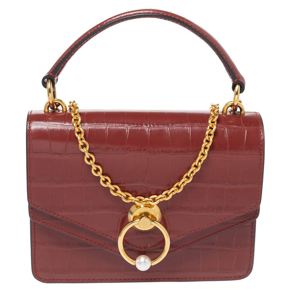 Pre Owned Mulberry Cinnamon Brown Croc Embossed Leather Small Harlow Top Handle Bag