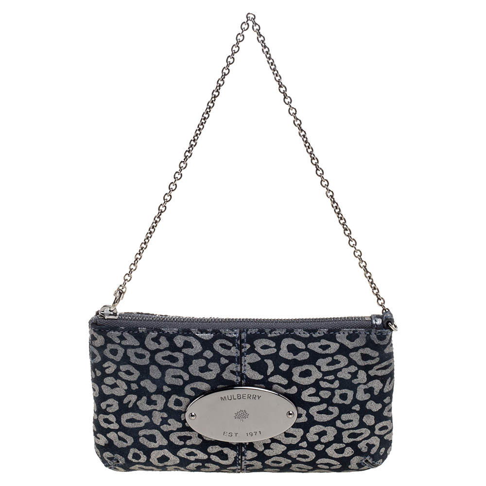 Pre Owned Mulberry Navy Blue/Silver Printed Suede Chain Wristlet Clutch