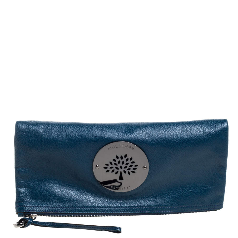 Pre Owned Mulberry Dark Teal Leather Daria Fold Over Clutch
