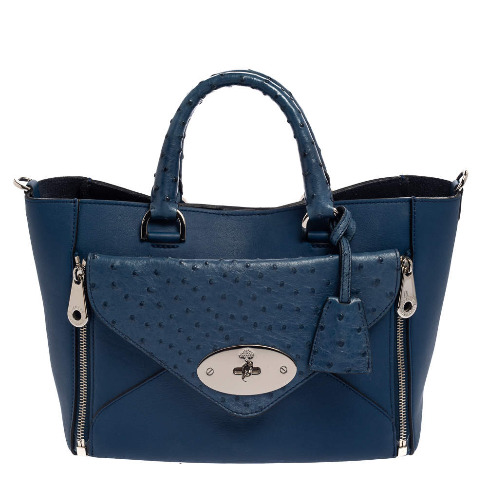 Mulberry Blue Leather And Ostrich Willow Tote