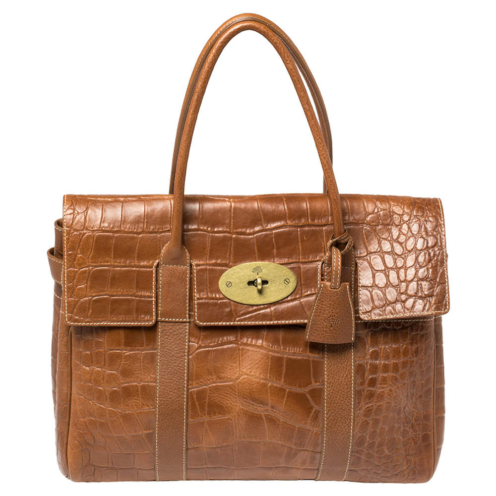 Pre Owned Mulberry Brown Croc Embossed Leather Bayswater Satchel