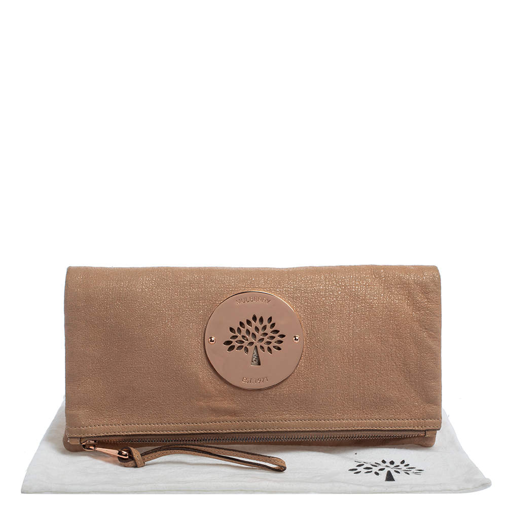 Mulberry Rose Gold Shimmer Nubuck Leather Daria Fold Over Clutch Mulberry |  The Luxury Closet