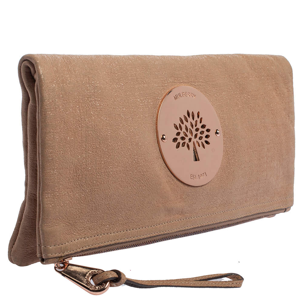 Mulberry Rose Gold Shimmer Nubuck Leather Daria Fold Over Clutch Mulberry |  The Luxury Closet