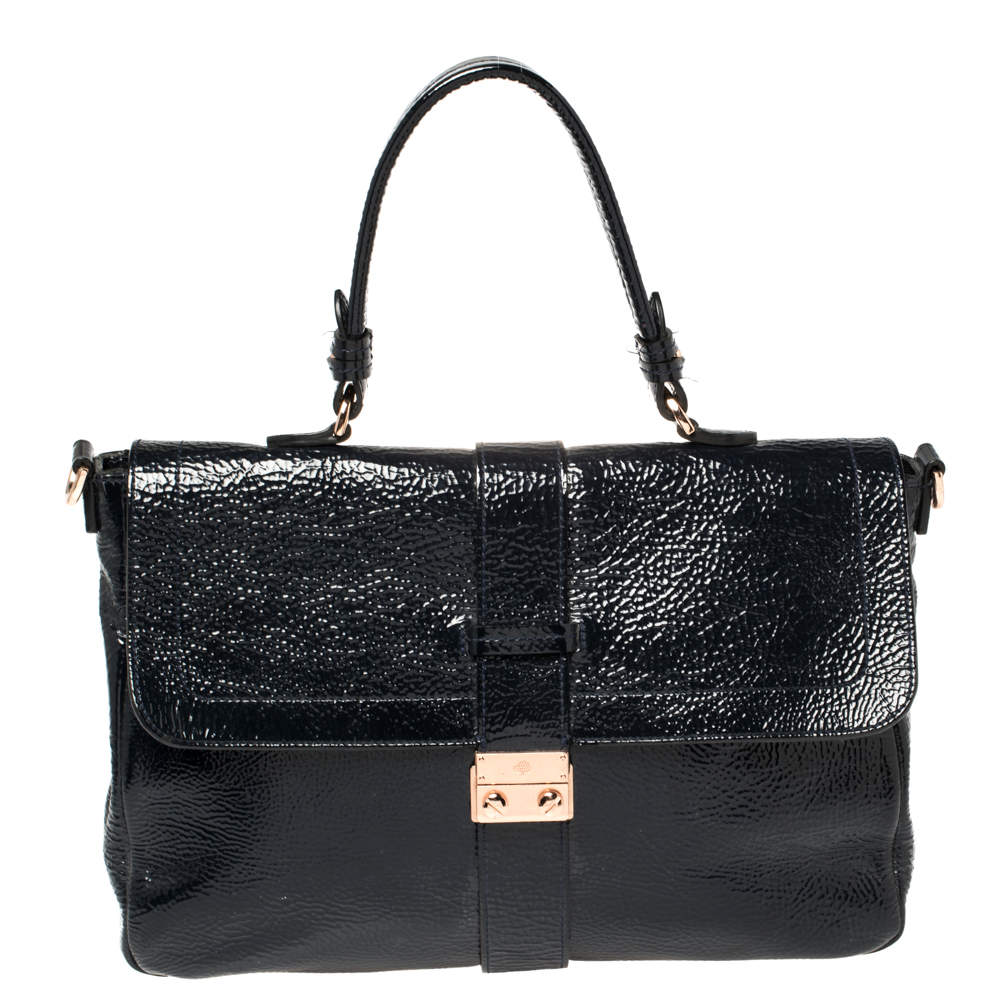 Pre Owned Mulberry Blue Patent Leather Harriet Top Handle Bag