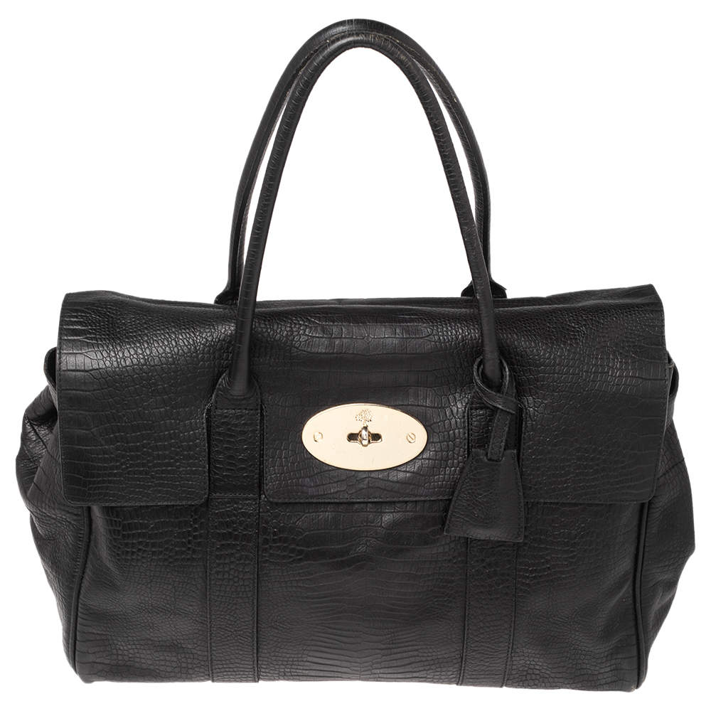 Pre Owned Mulberry Black Croc Embossed Leather Bayswater Satchel