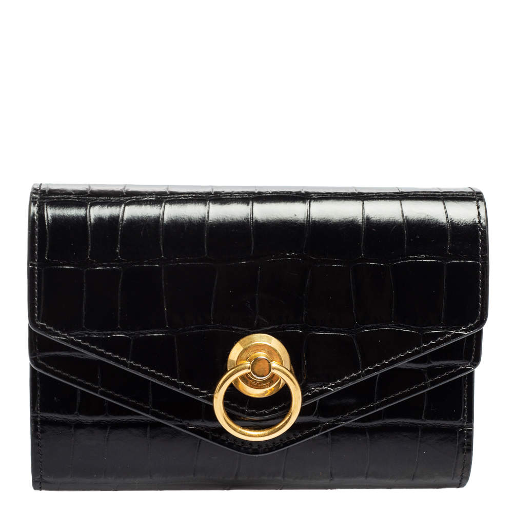 Mulberry Black Croc Embossed Glazed Leather Harlow Compact Wallet