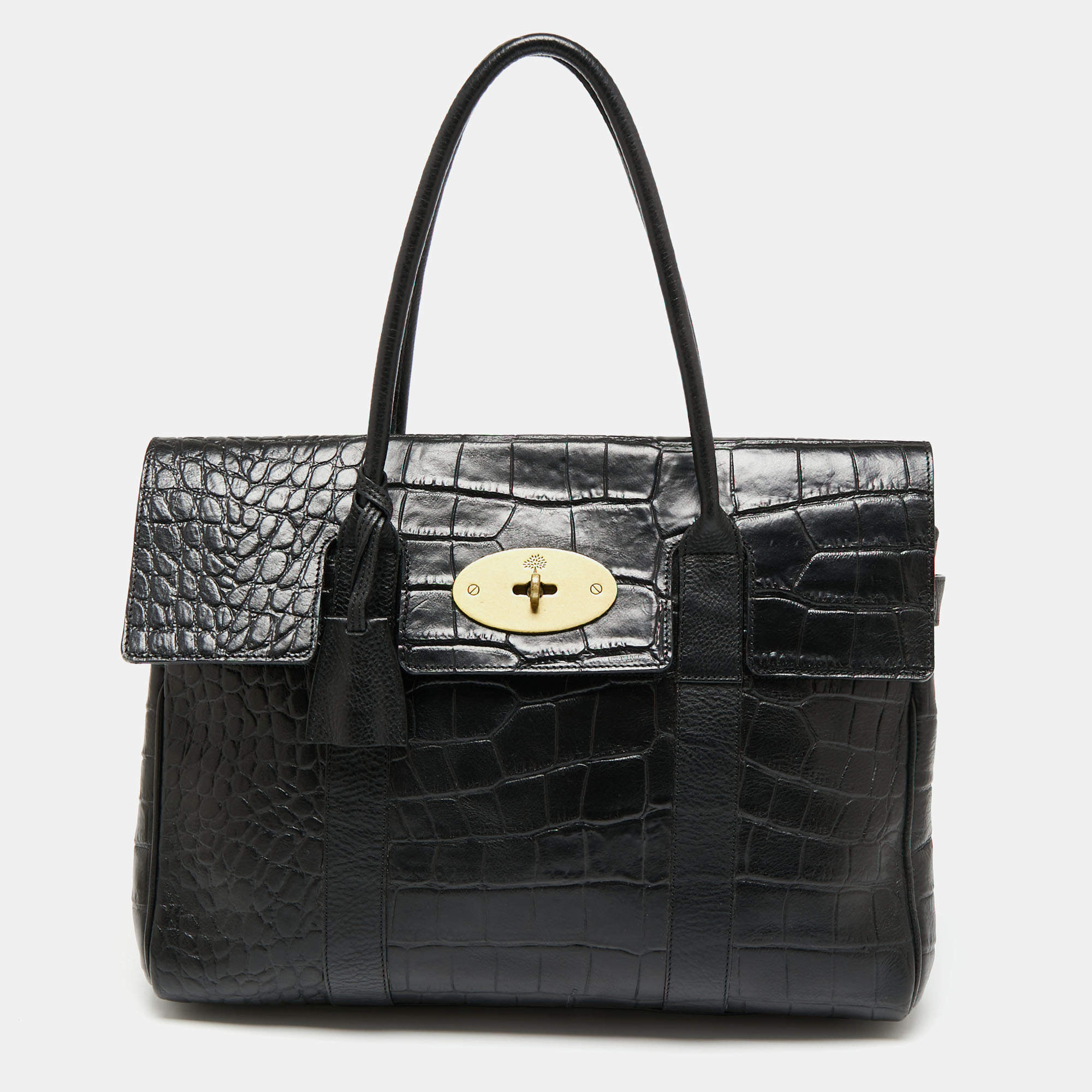 Pre Owned Mulberry Black Croc Embossed Leather Bayswater Satchel