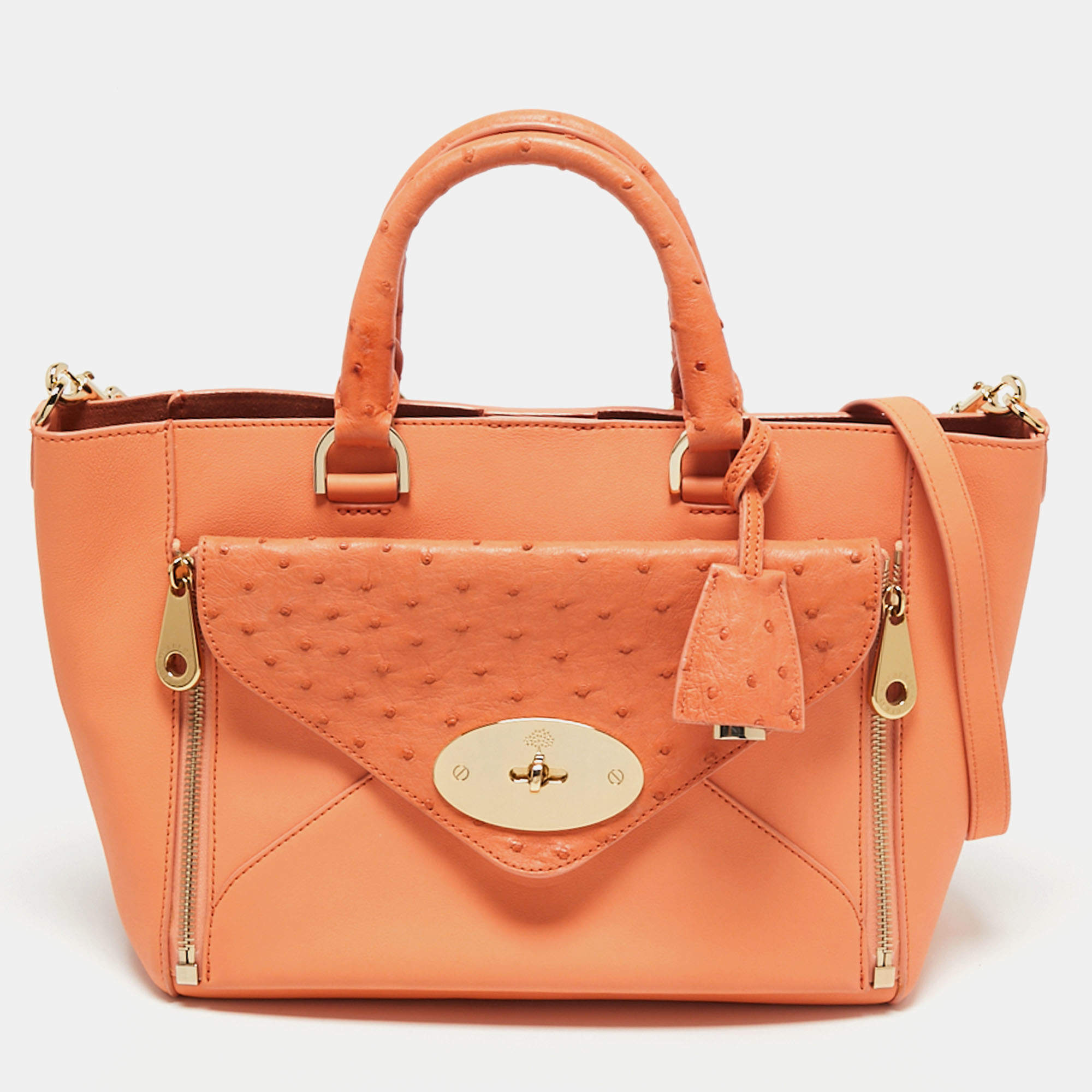 Pre Owned Mulberry Orange Ostrich And Leather Willow Tote