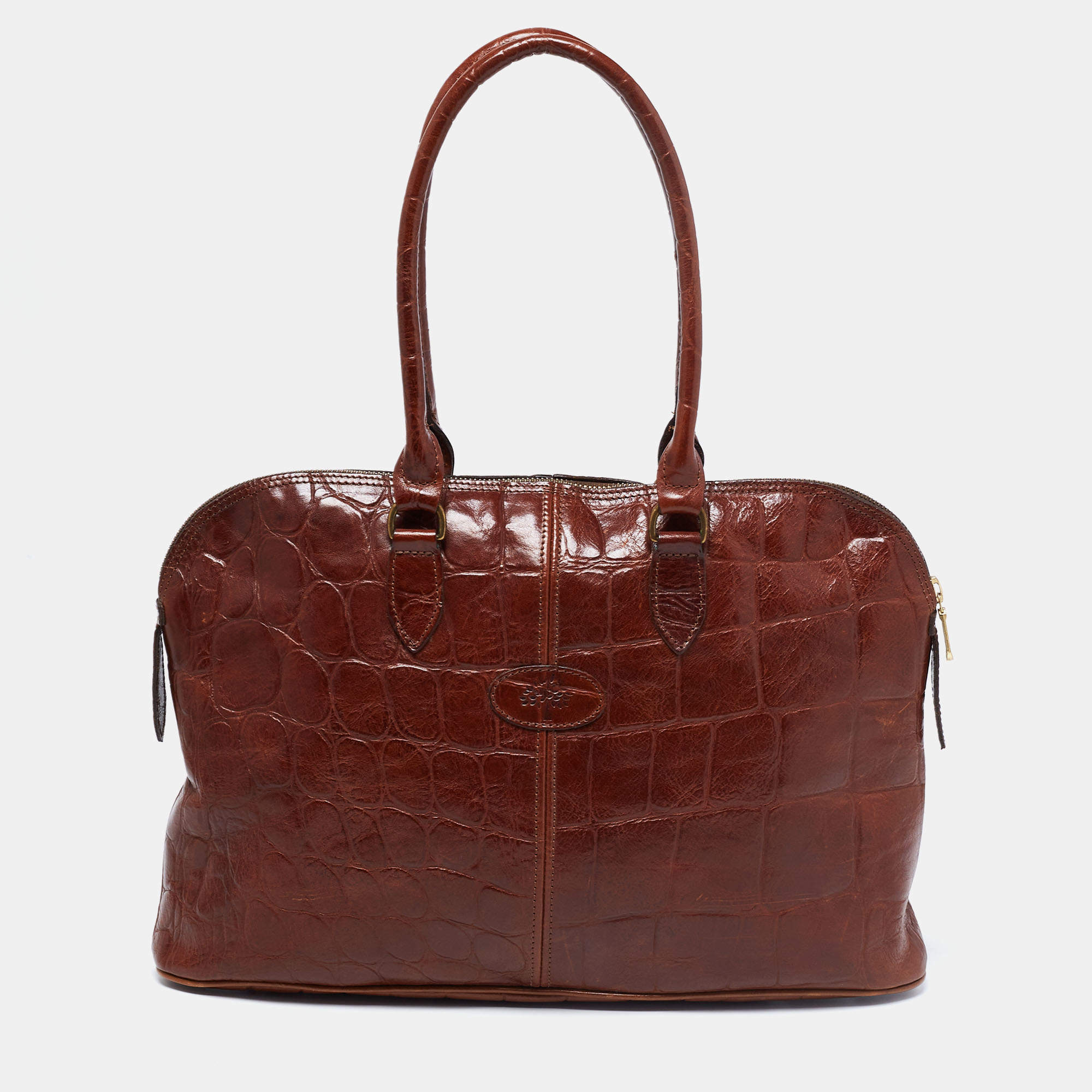 Vintage Mulberry croc embossed brown leather tote bag in bolide