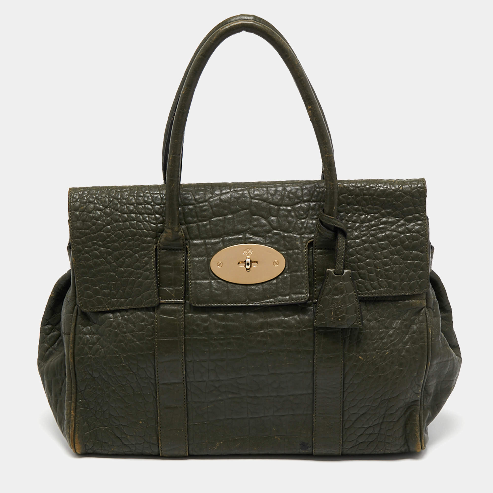 Mulberry Olive Green Croc Embossed Leather Bayswater Satchel