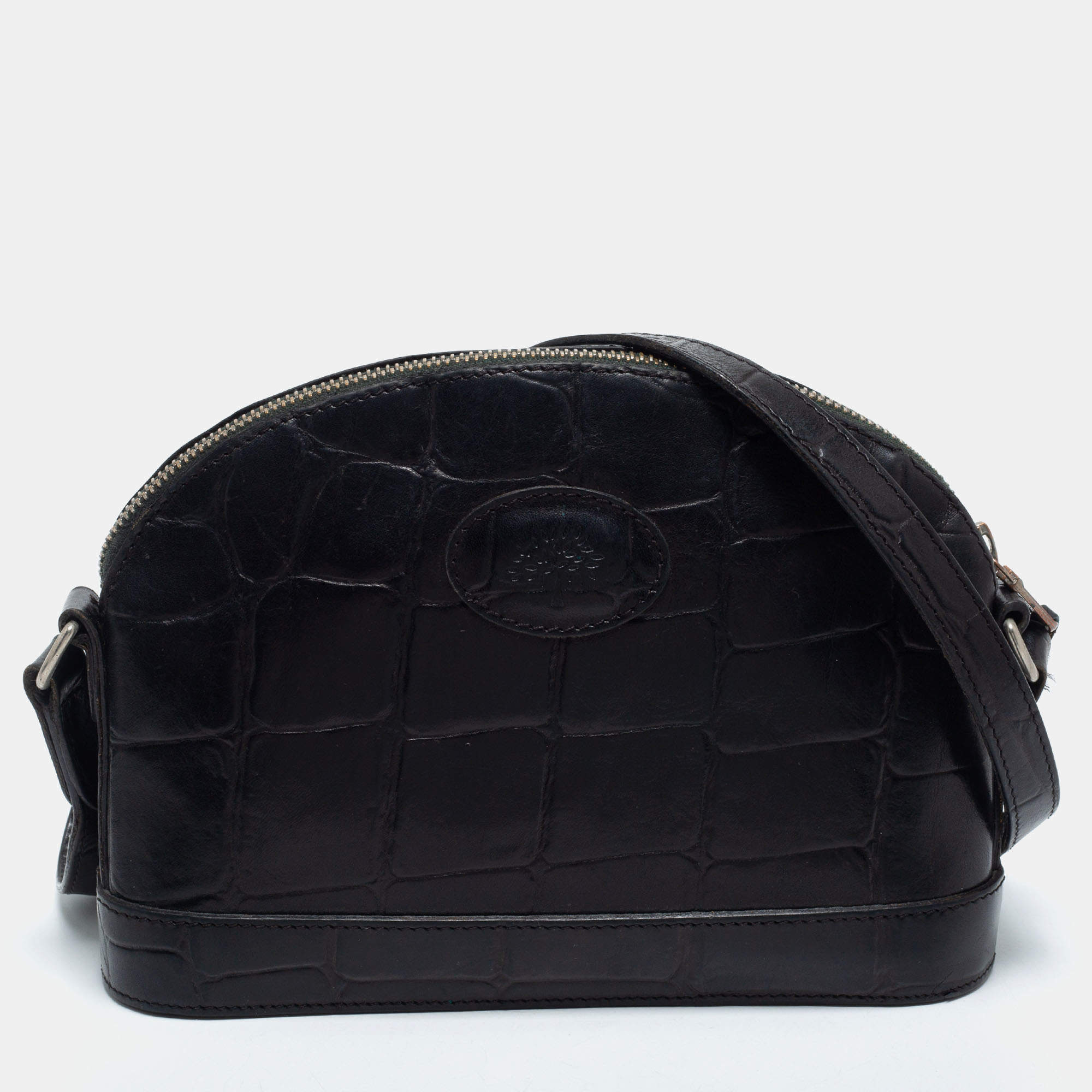Pre Owned Mulberry Black Croc Embossed Leather Dome Crossbody Bag