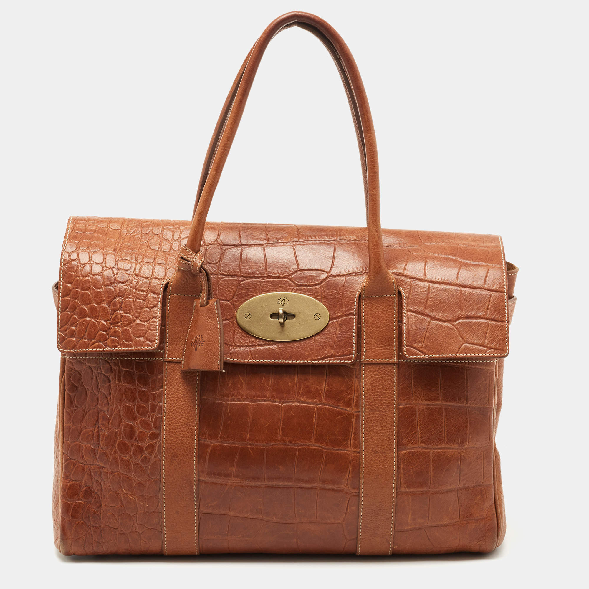 Pre Owned Mulberry Brown Croc Embossed Leather Bayswater Satchel