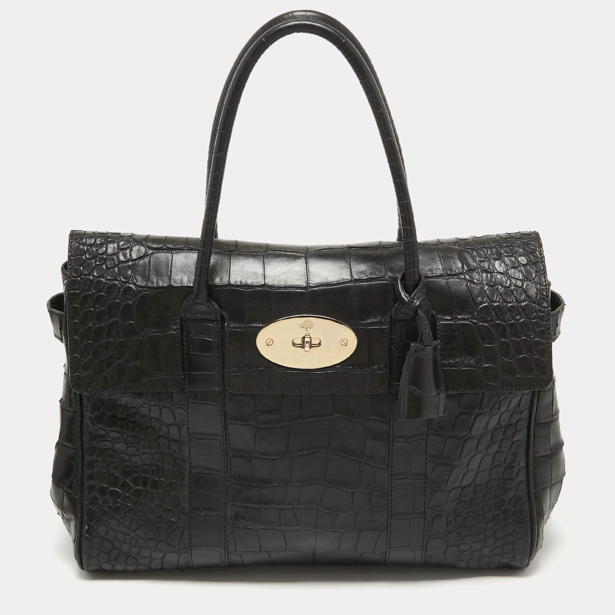 Pre Owned Mulberry Black Croc Embossed Leather Bayswater Satchel